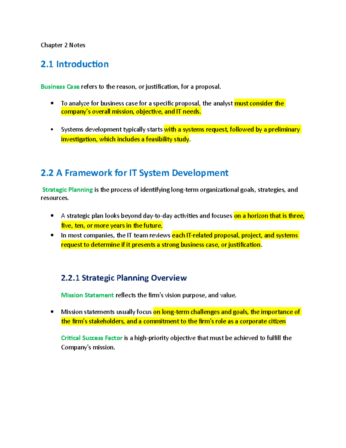 Chapter 2 Notes - Chapter 2 Notes 2 Introduction Business Case refers ...