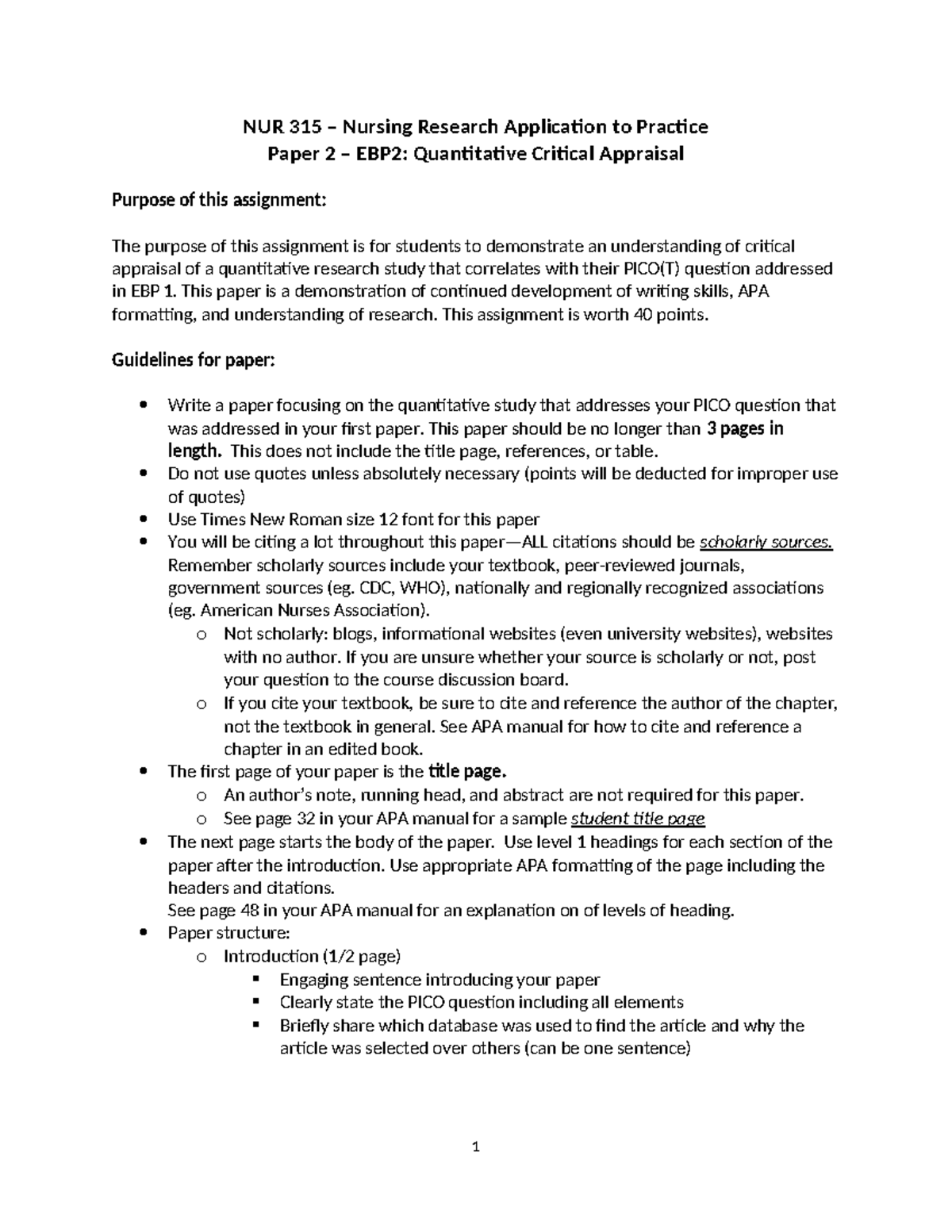 NUR 315 study guide - NUR 315 – Nursing Research Application to ...