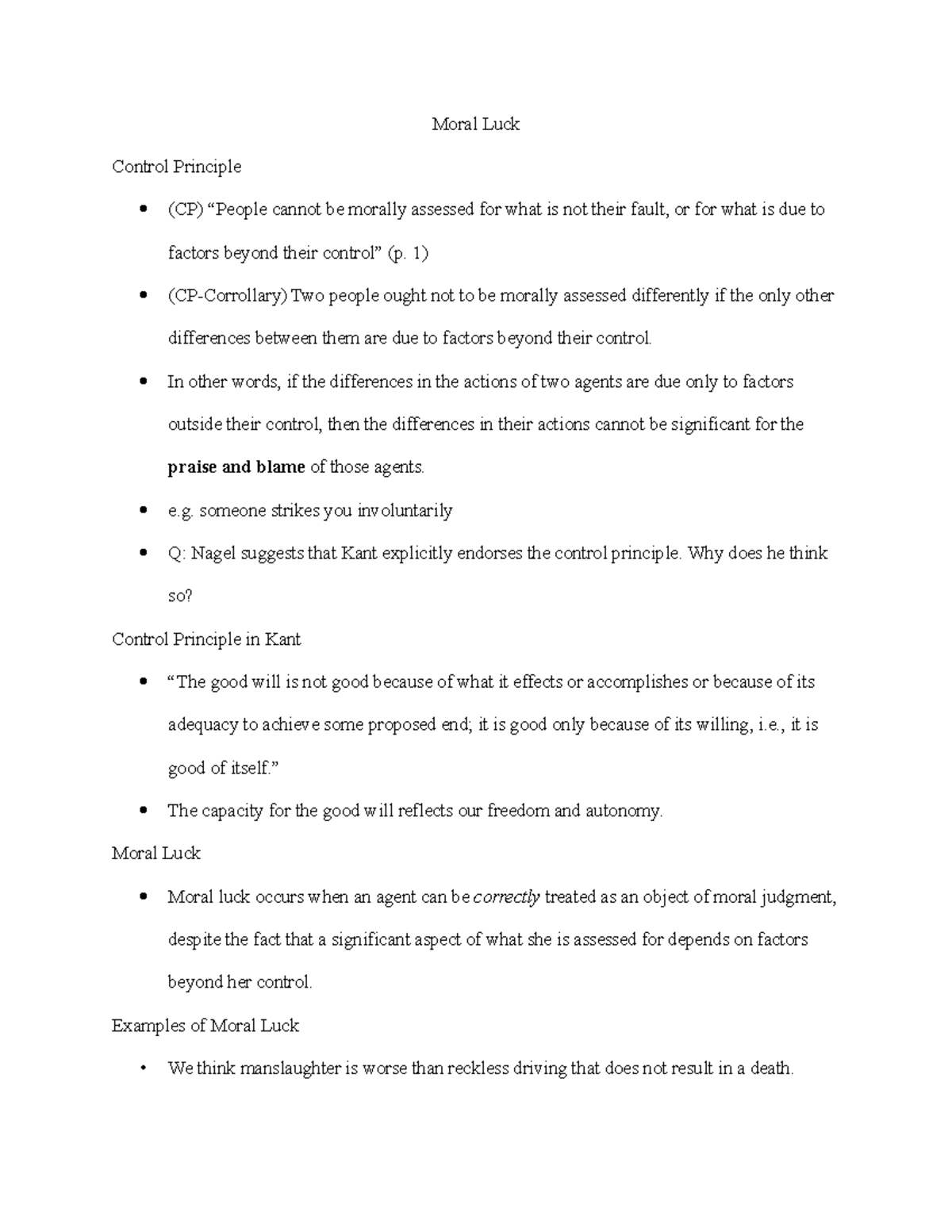 Moral Luck Lecture Notes from Slides Moral Luck Control Principle