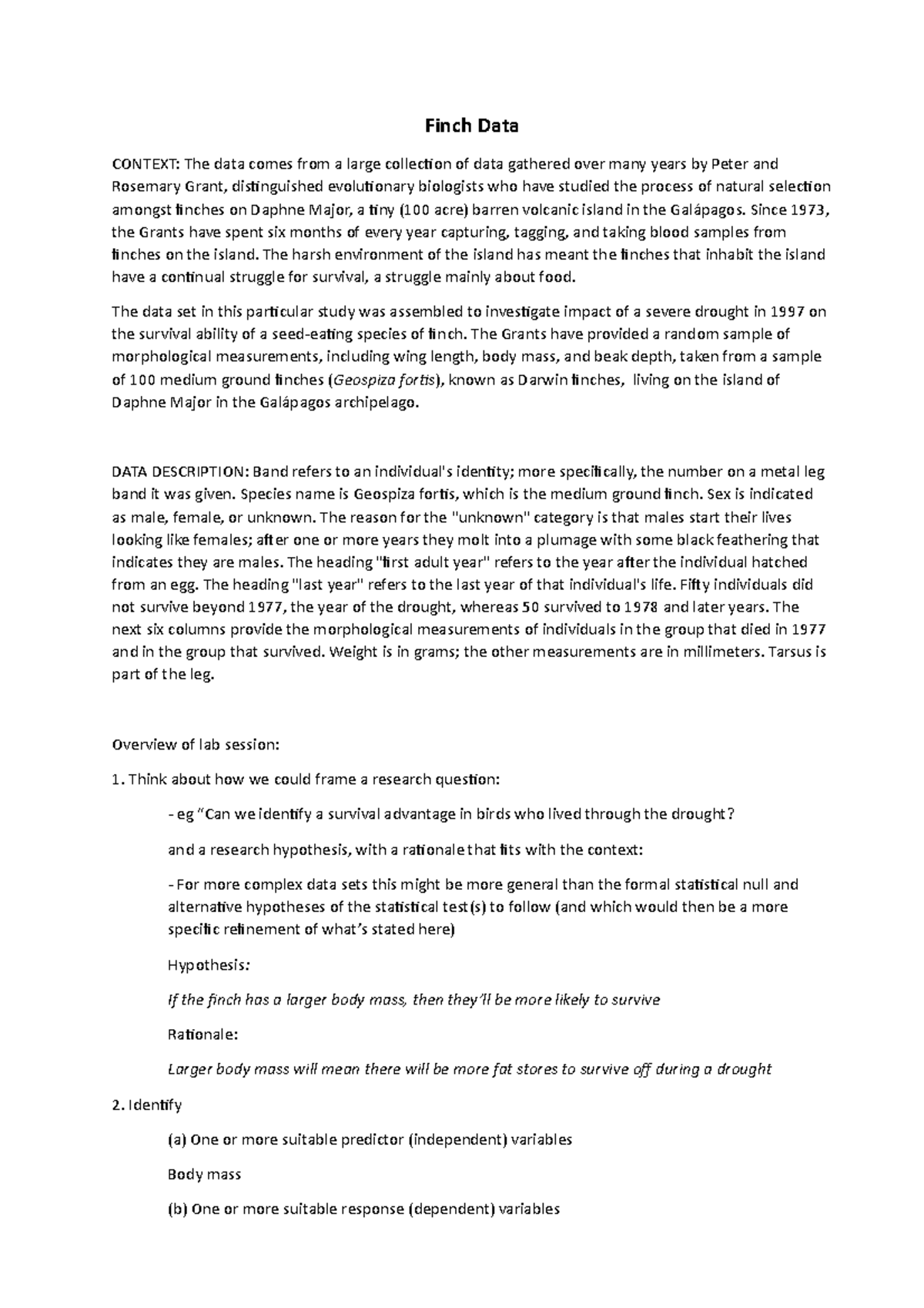 Topic 9 lab worksheet - Finch data - Finch Data CONTEXT: The data comes ...