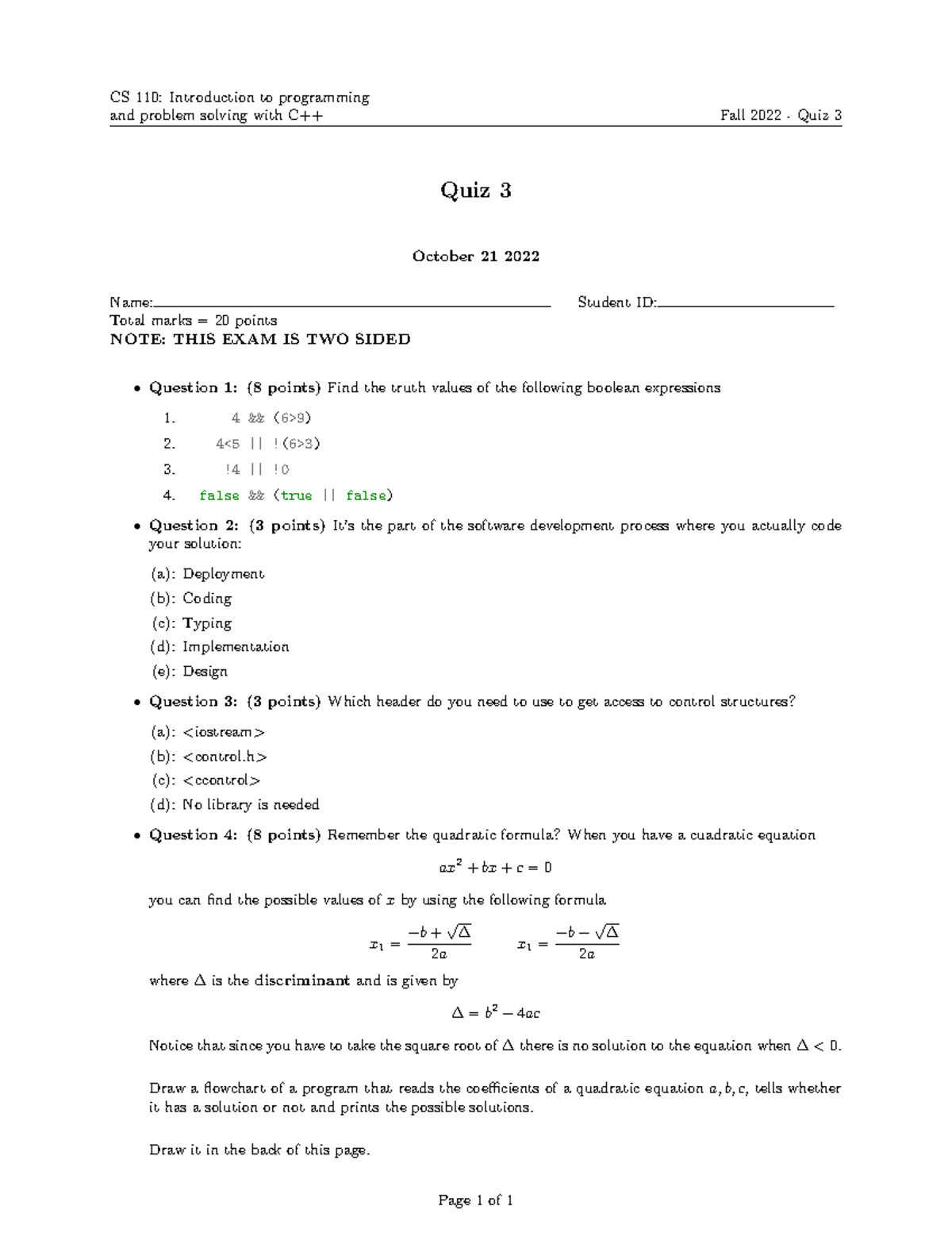 Quiz 3 - Quiz 2 questions - CS 110: Introduction to programming and ...