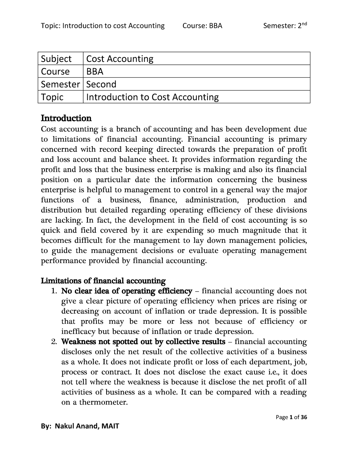 Unit 1 Cost Accounting Theory - Page 1 Of 36 Subject Cost Accounting ...