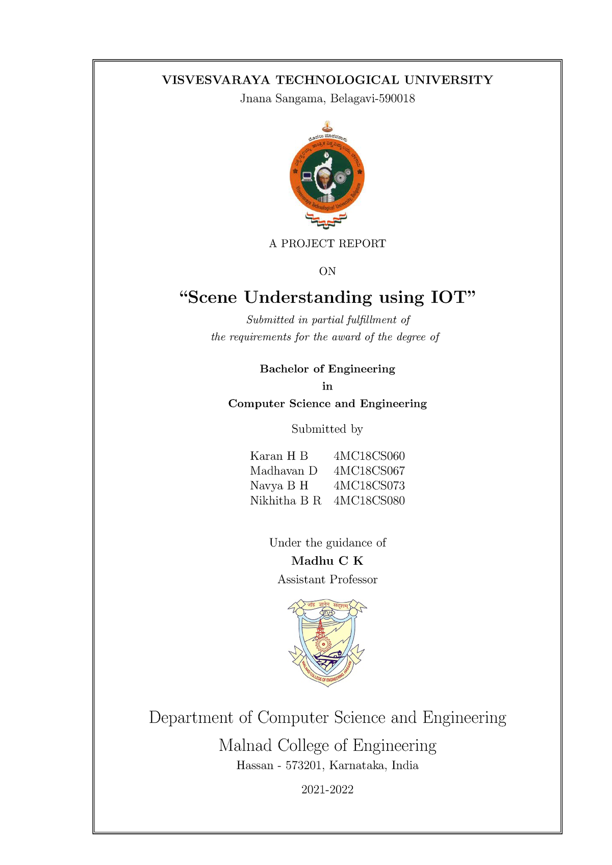 Scene Understanding Using IOT - VISVESVARAYA TECHNOLOGICAL UNIVERSITY ...