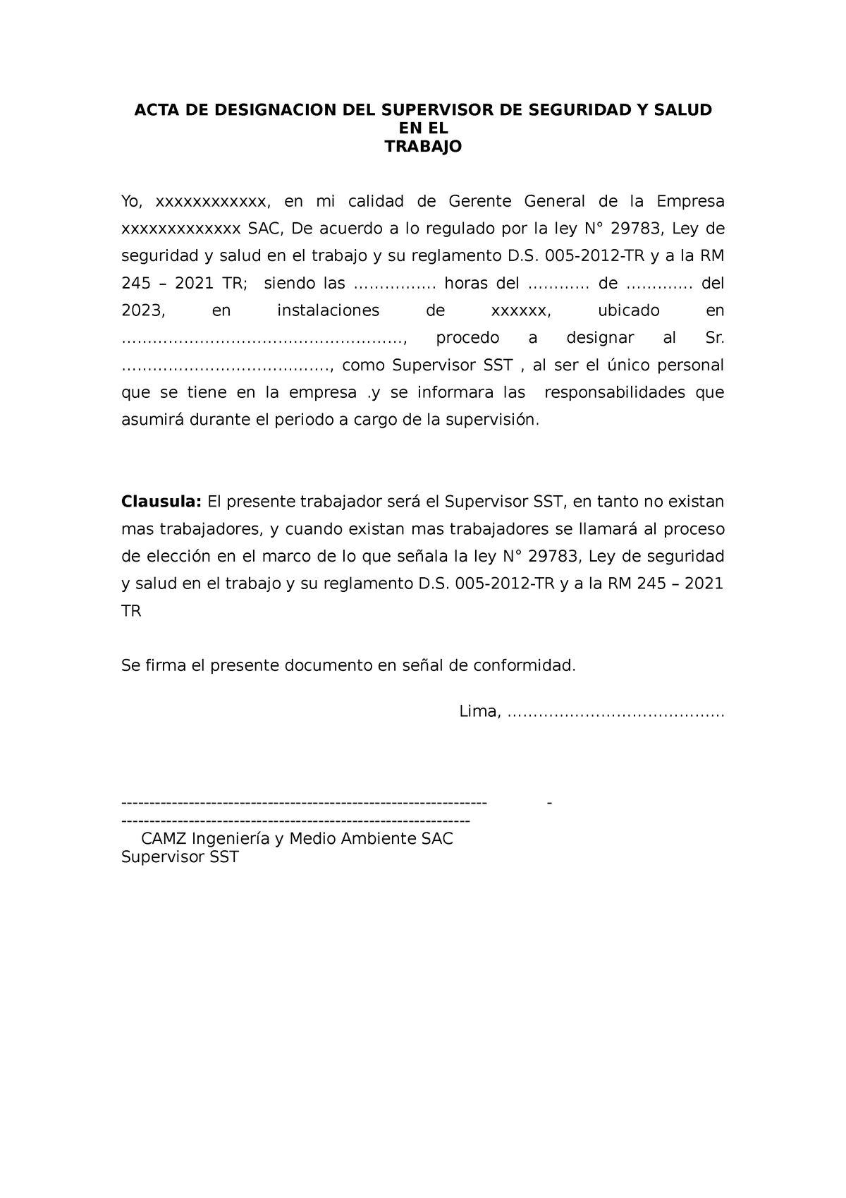 Acta De Designacion Del Sst Con 1 Trabajador Acta De Designacion Del