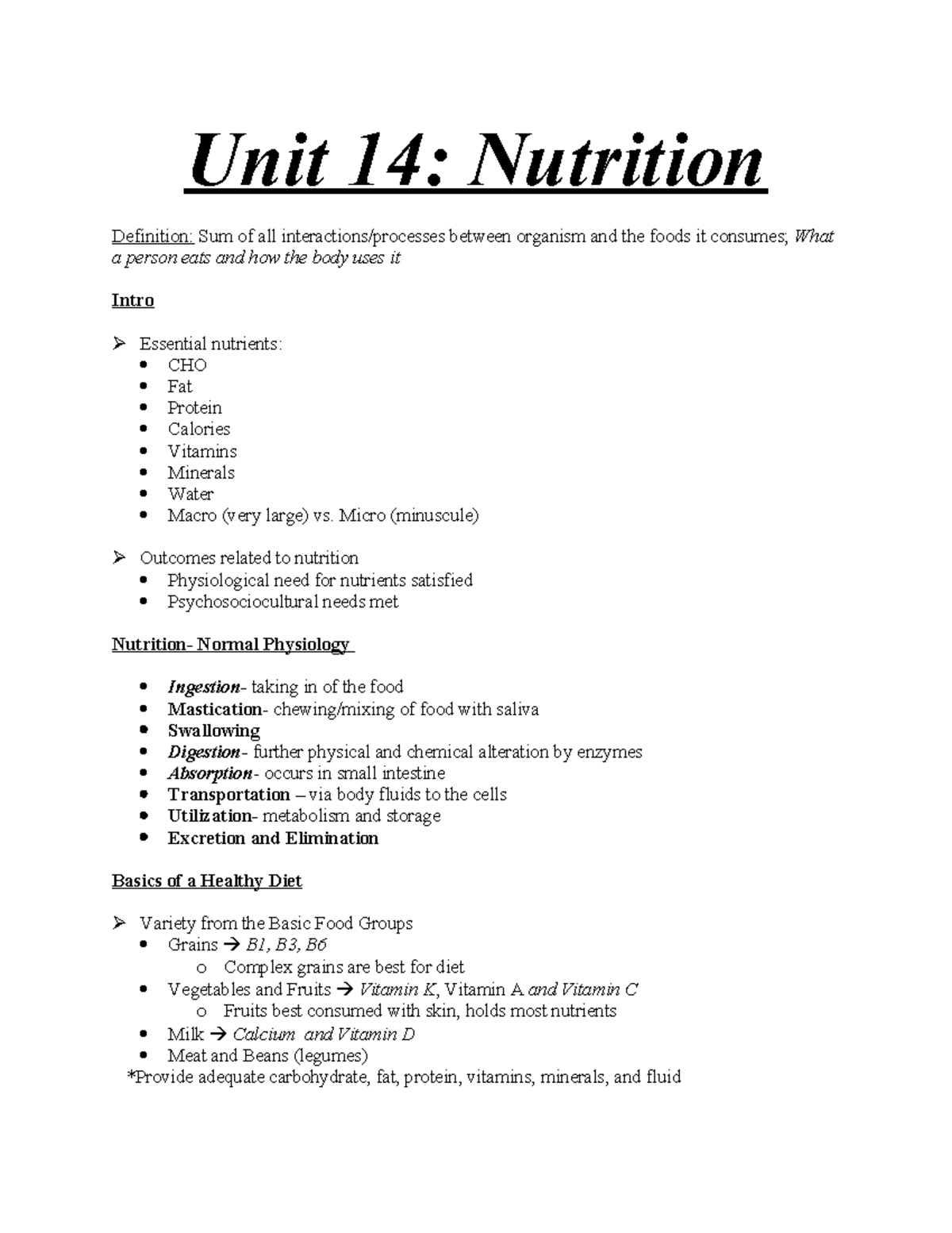 14 Nutrition Unit 14 Nutrition Definition Sum of all interactions