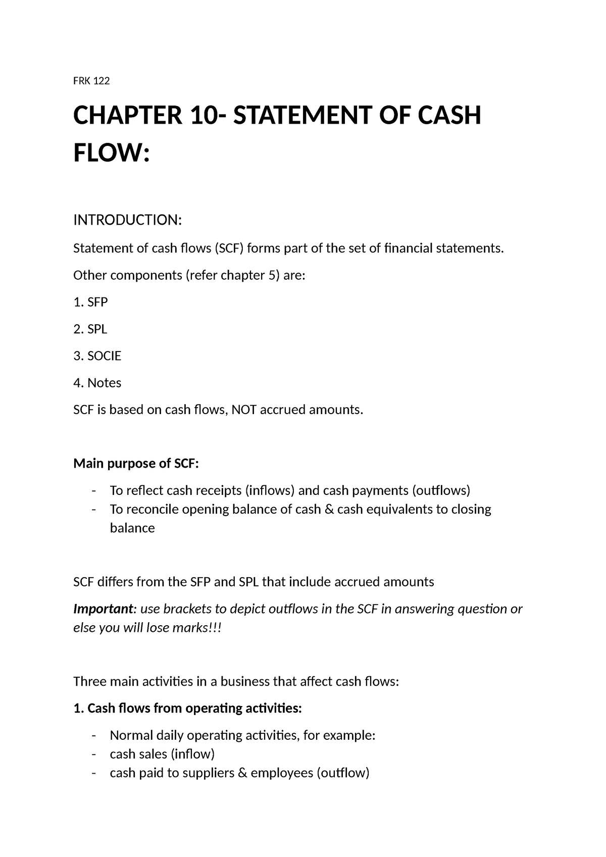 FRK 122 opsommings chapter 10 - FRK 122 CHAPTER 10- STATEMENT OF CASH ...