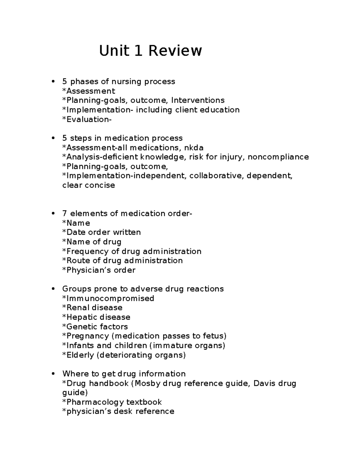 Unit 1 Review - Unit 1 Review 5 phases of nursing process *Assessment ...