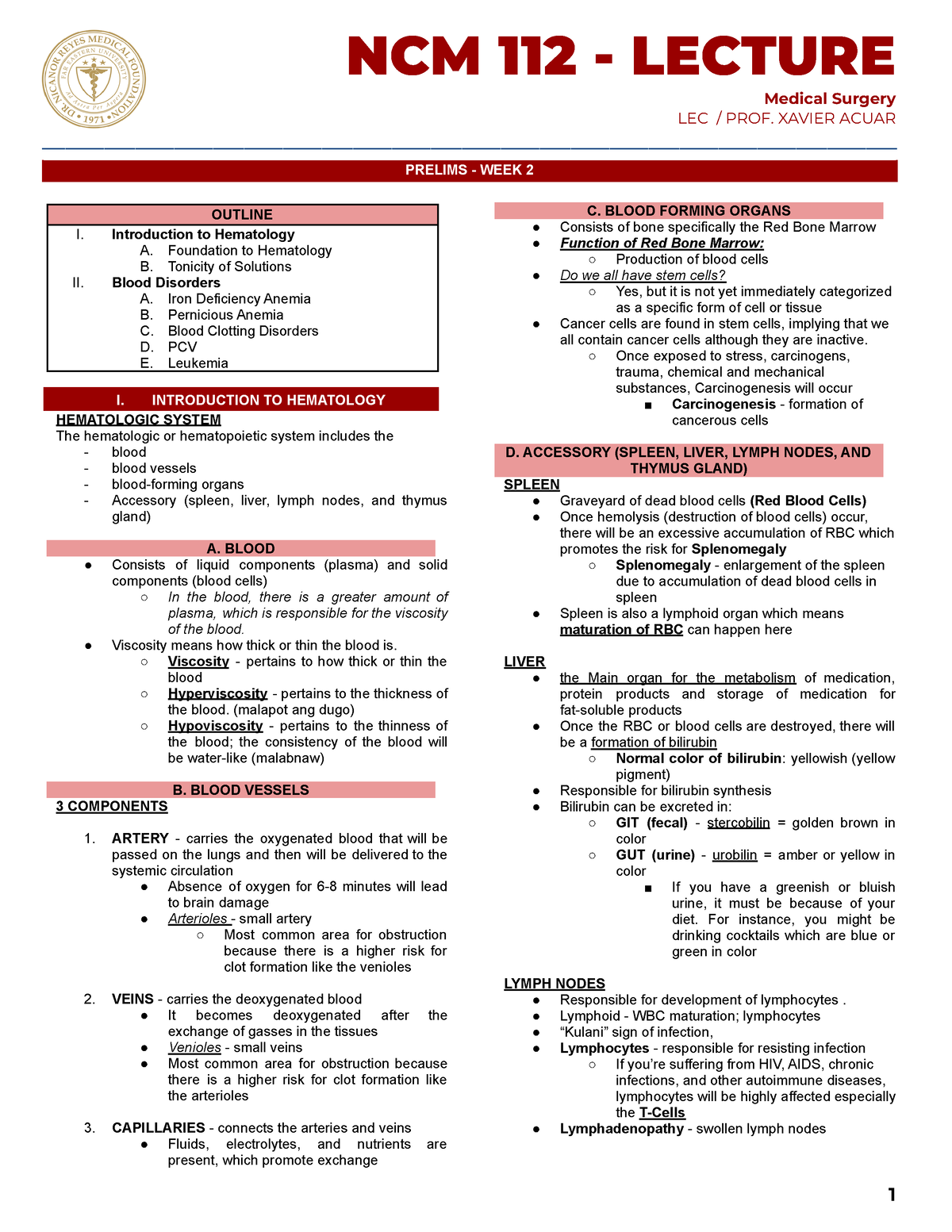 Prelims MS LEC - Medical Surgical Nursing - NCM 112 - LECTURE Medical ...