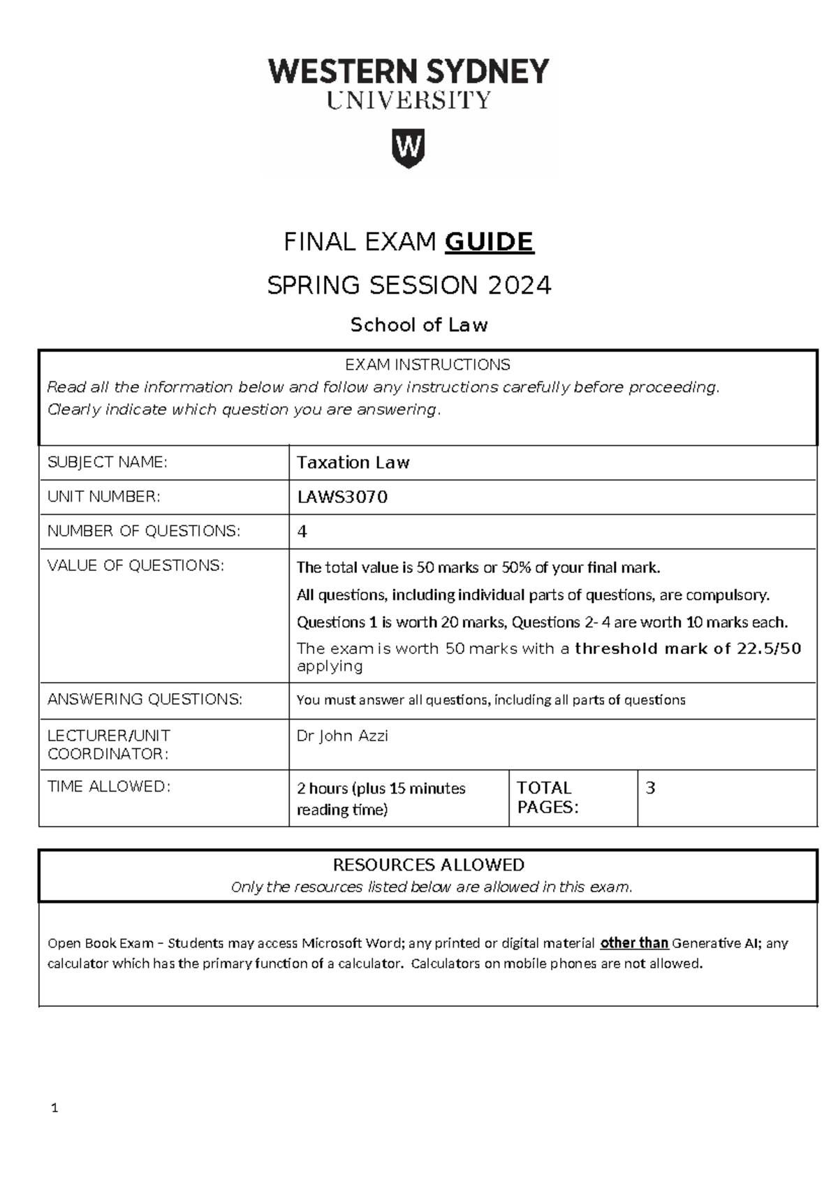 LAWS3070 Final Exam Guide Spr 2024 - FINAL EXAM GUIDE SPRING SESSION ...