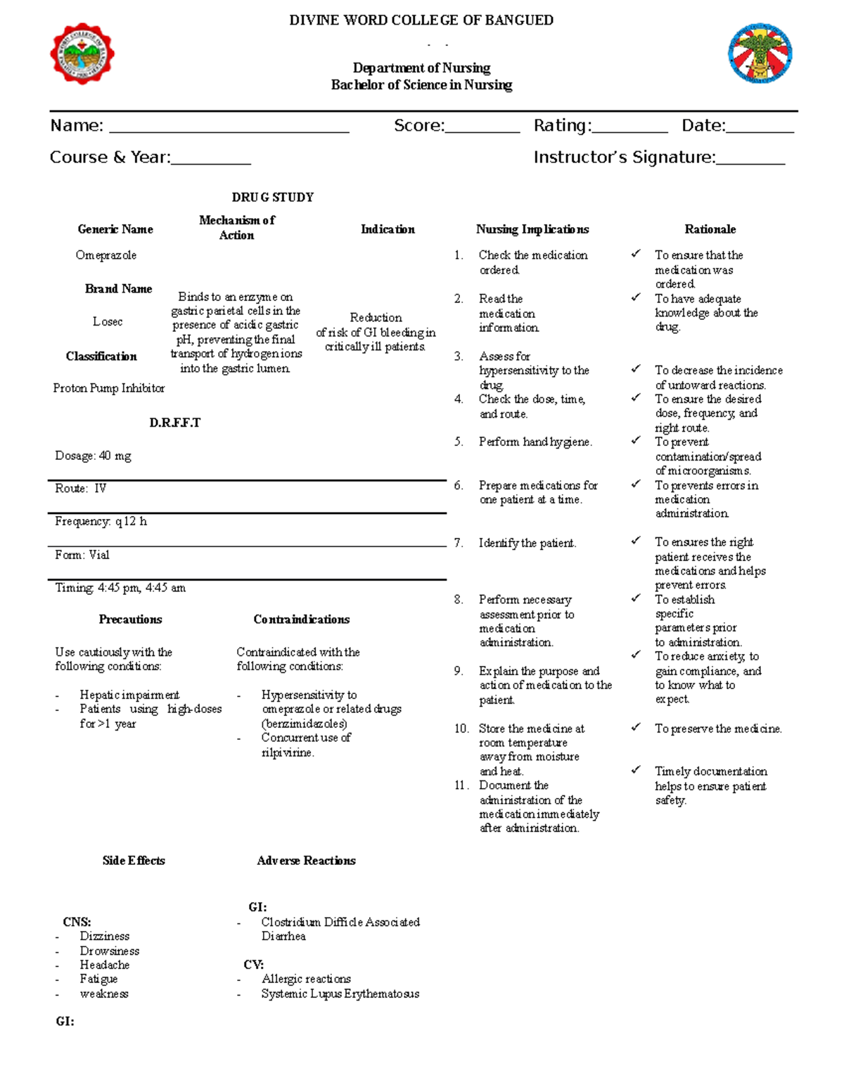 Omeprazole - omep drug study - Name: Score: Rating: Date: Course & Year ...