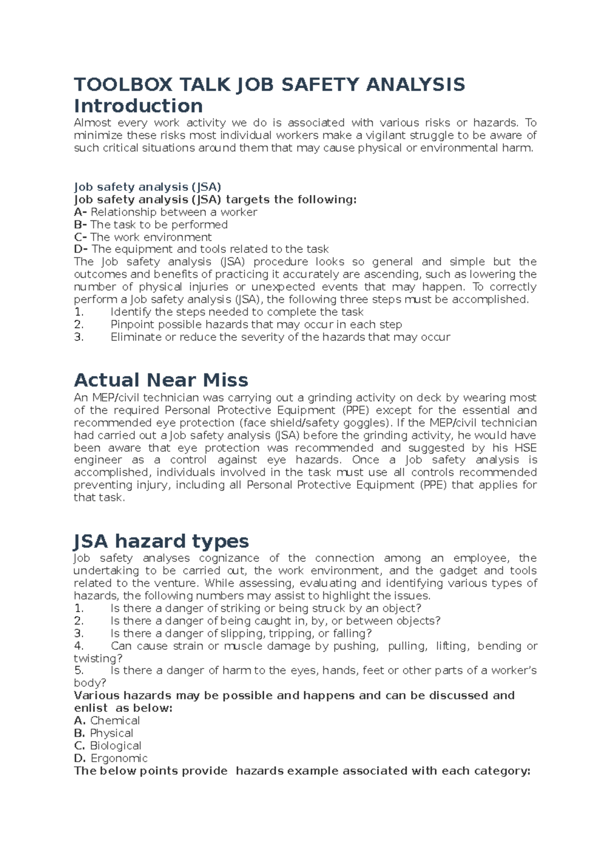 Toolbox TALK JOB Safety Analysis TOOLBOX TALK JOB SAFETY ANALYSIS