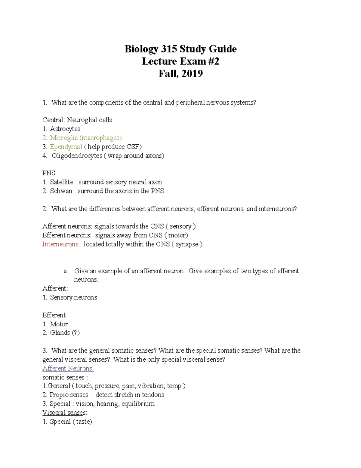 Biology 315 Exam 2 Study Guide, Fall 2019 - Biology 315 Study Guide ...