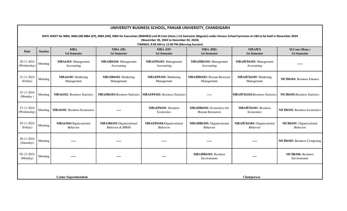 Date Sheet EST-November 2024 -Final-1 - Date Session MBA 1st Semester ...