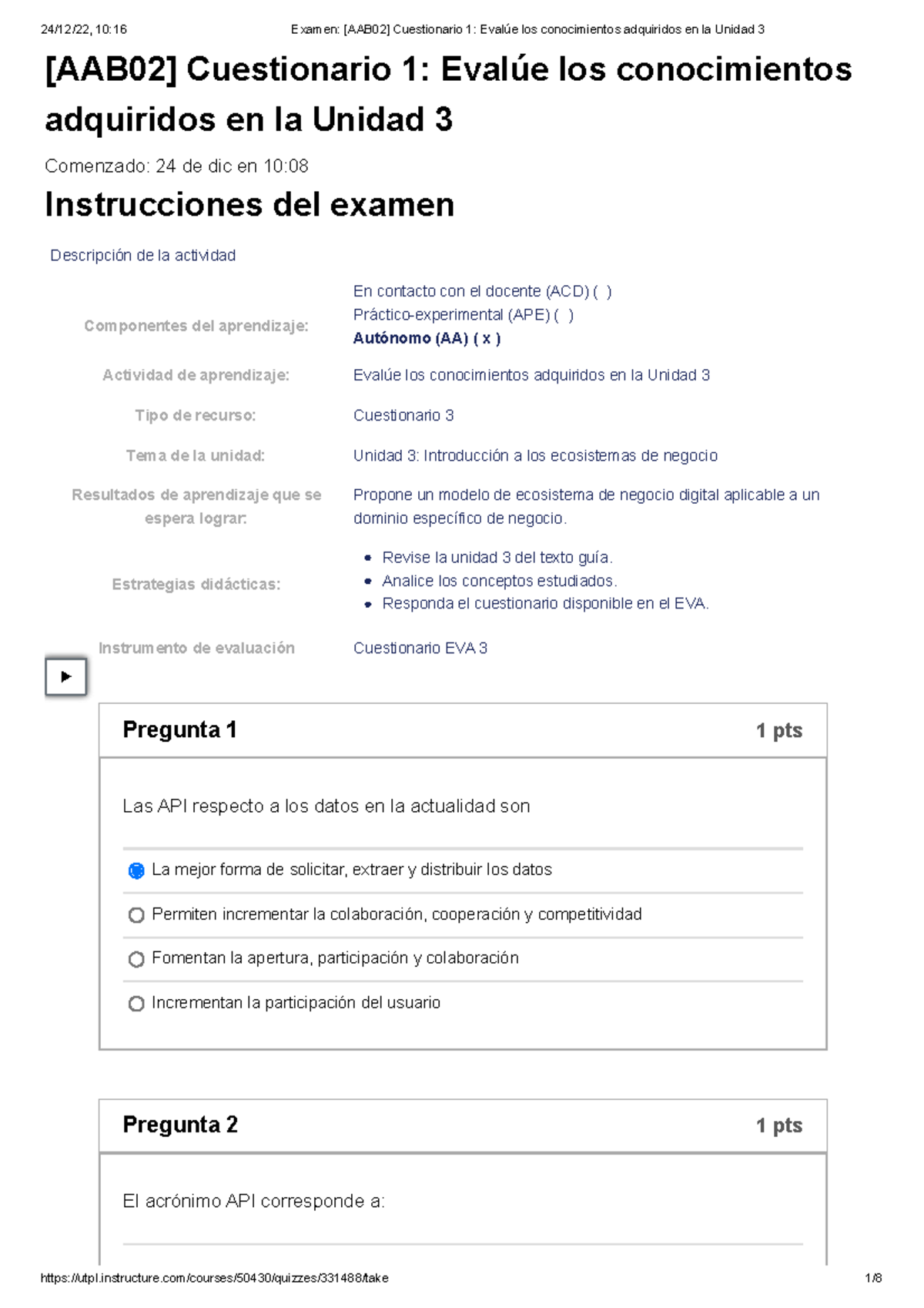 Examen [AAB02] Cuestionario 1 Evalúe los conocimientos adquiridos en la ...