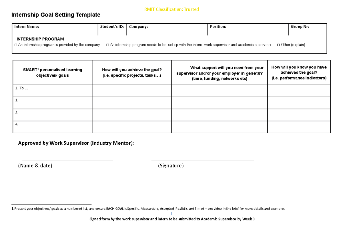 2022 S2 Internship Goal Setting Template2 Internship Goal Setting