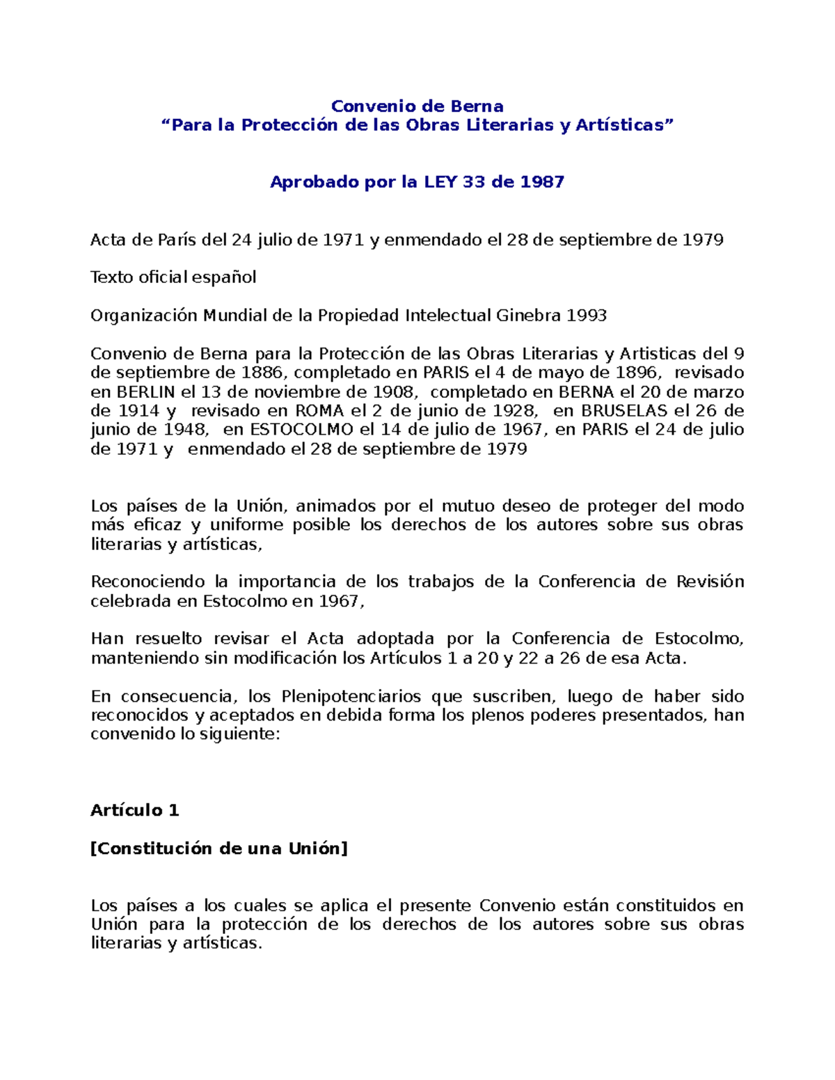 Convenio de Berna venta porducto Convenio de Berna “Para la