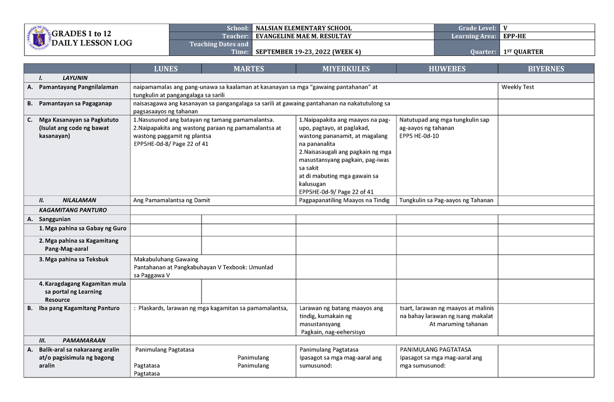 DLL EPP 5 Q1 W4 - DLL - GRADES 1 To 12 DAILY LESSON LOG School: NALSIAN ...