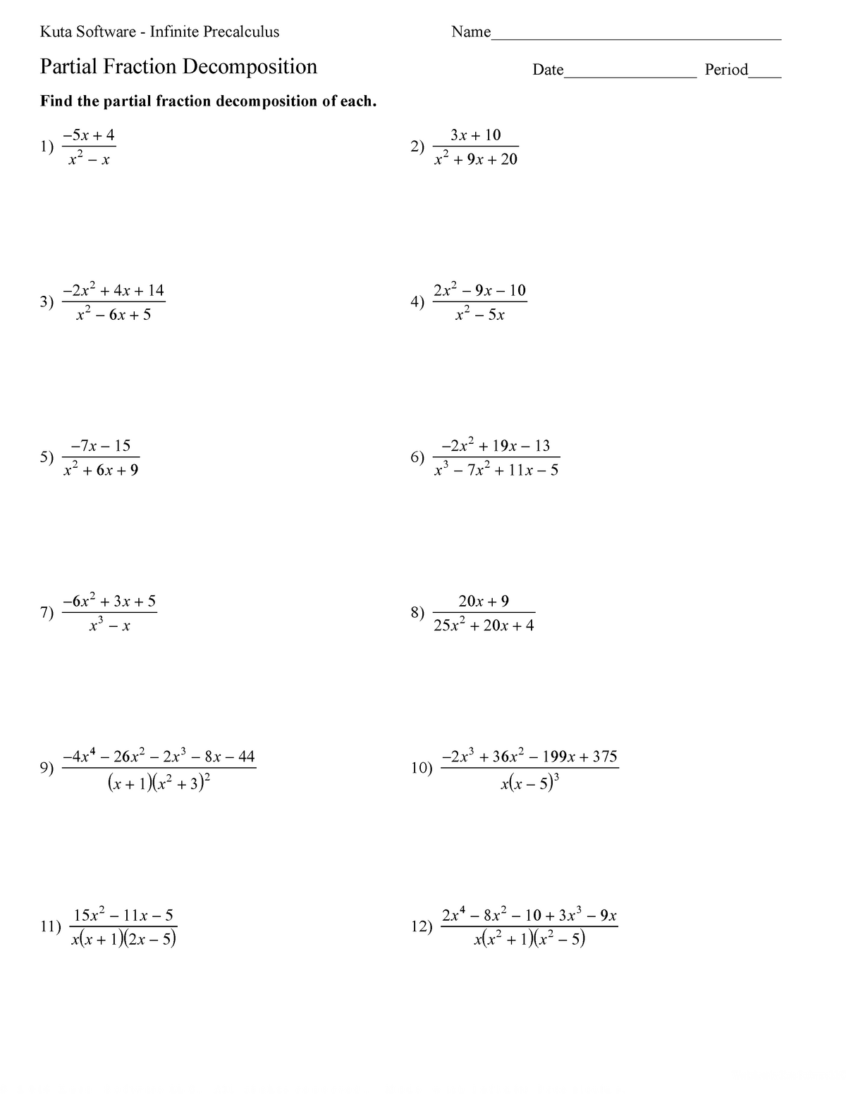 Partial Fraction with answers - ©H y 2 M 0 n 1 j 6 o _KRuRtcaA ...