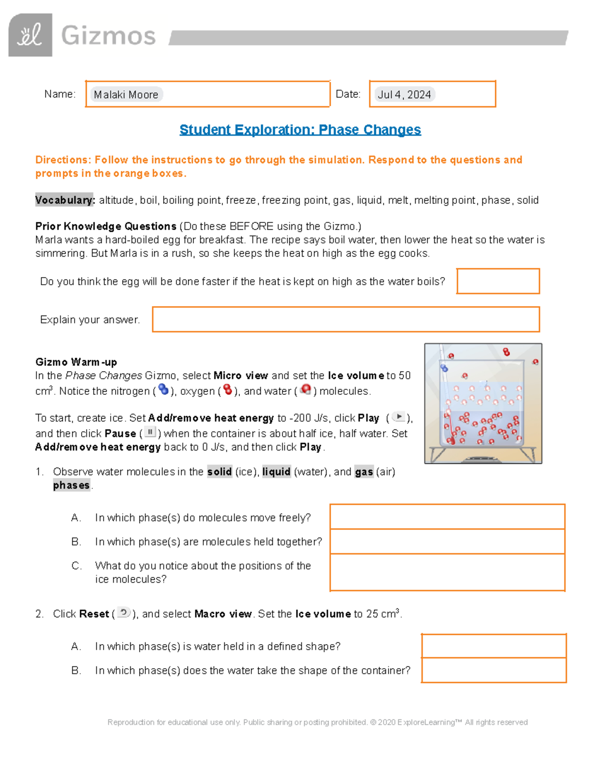 Copy of Phase Changes SE - Name: Malaki Moore Date: Jul 4, 2024 Student ...