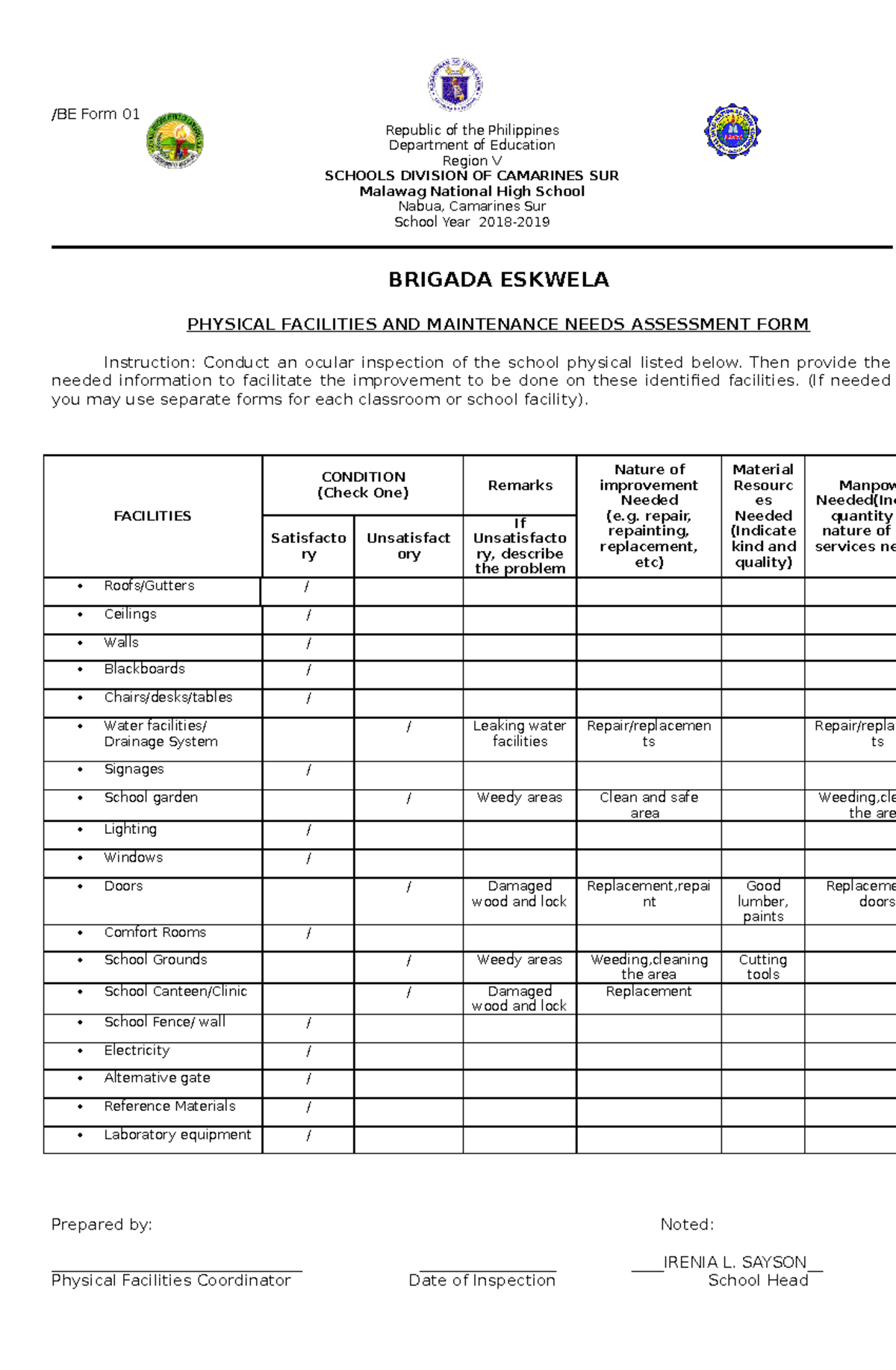 BE-Form-1- Physical- Facilities-AND- Maintenance- Needs- Assessment ...