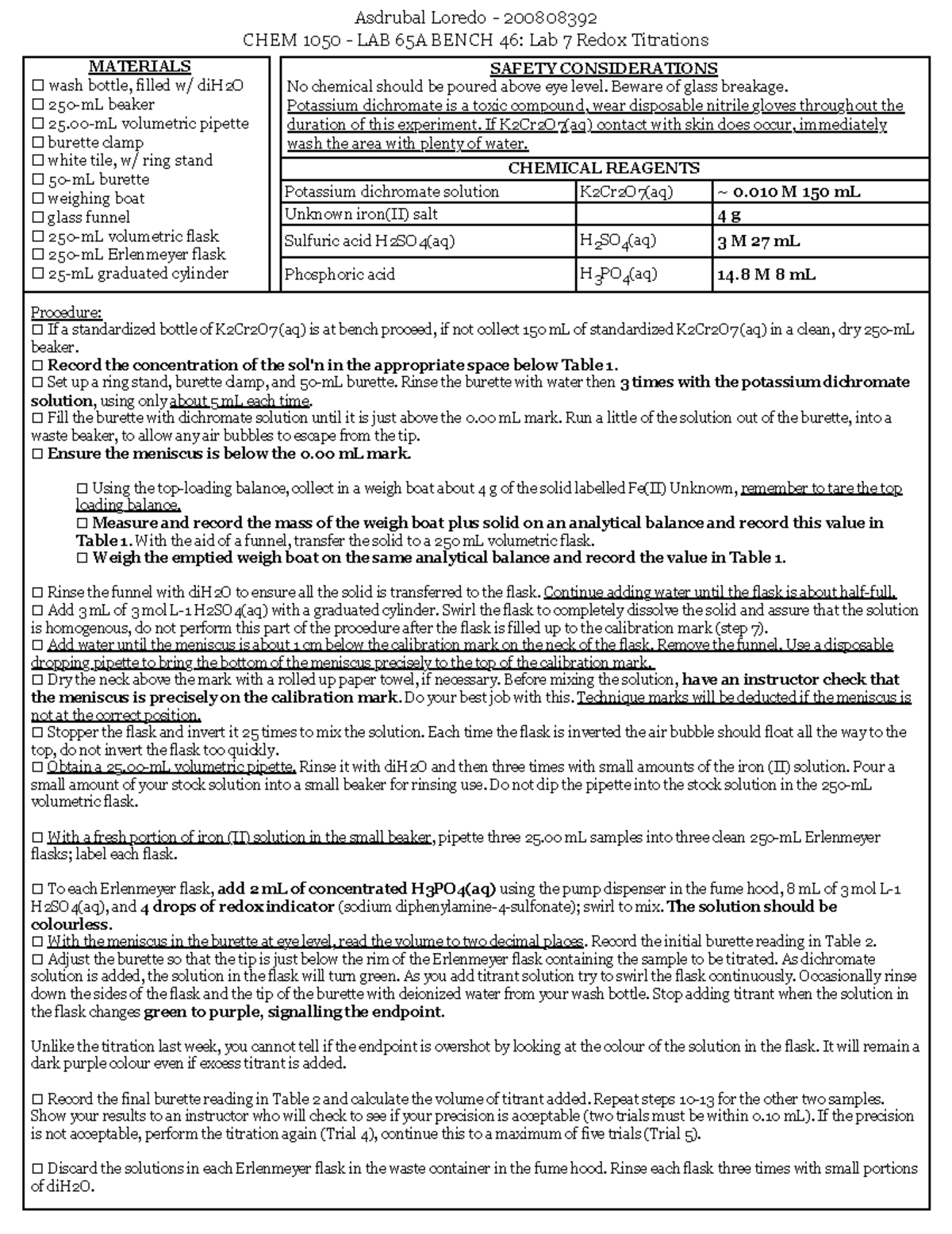 Lab 7 Redox Titration Flowchart MATERIALS ☐ wash bottle, filled w