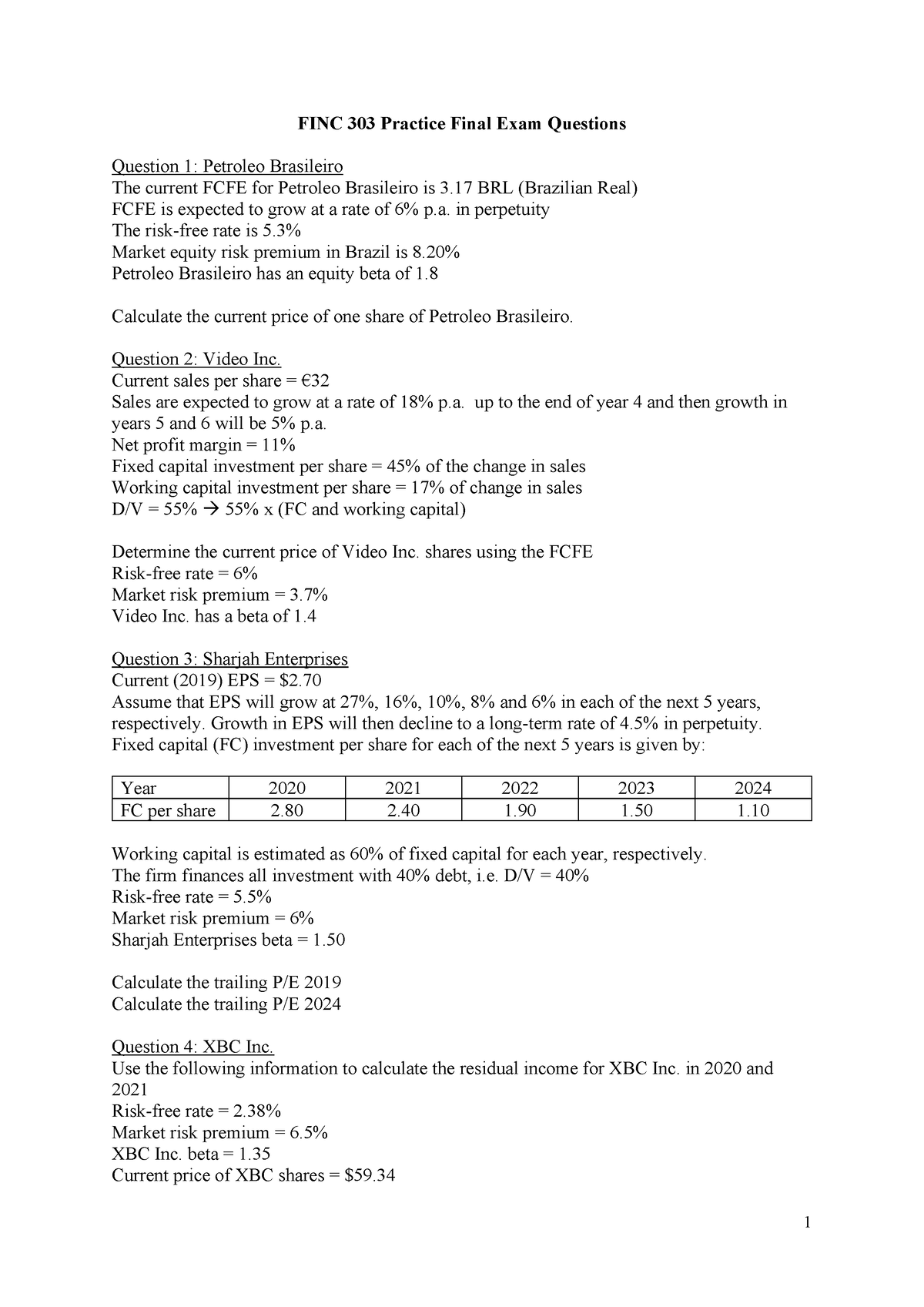 FINC 303 Practice Final Exam Questions - 1 FINC 303 Practice Final Exam ...