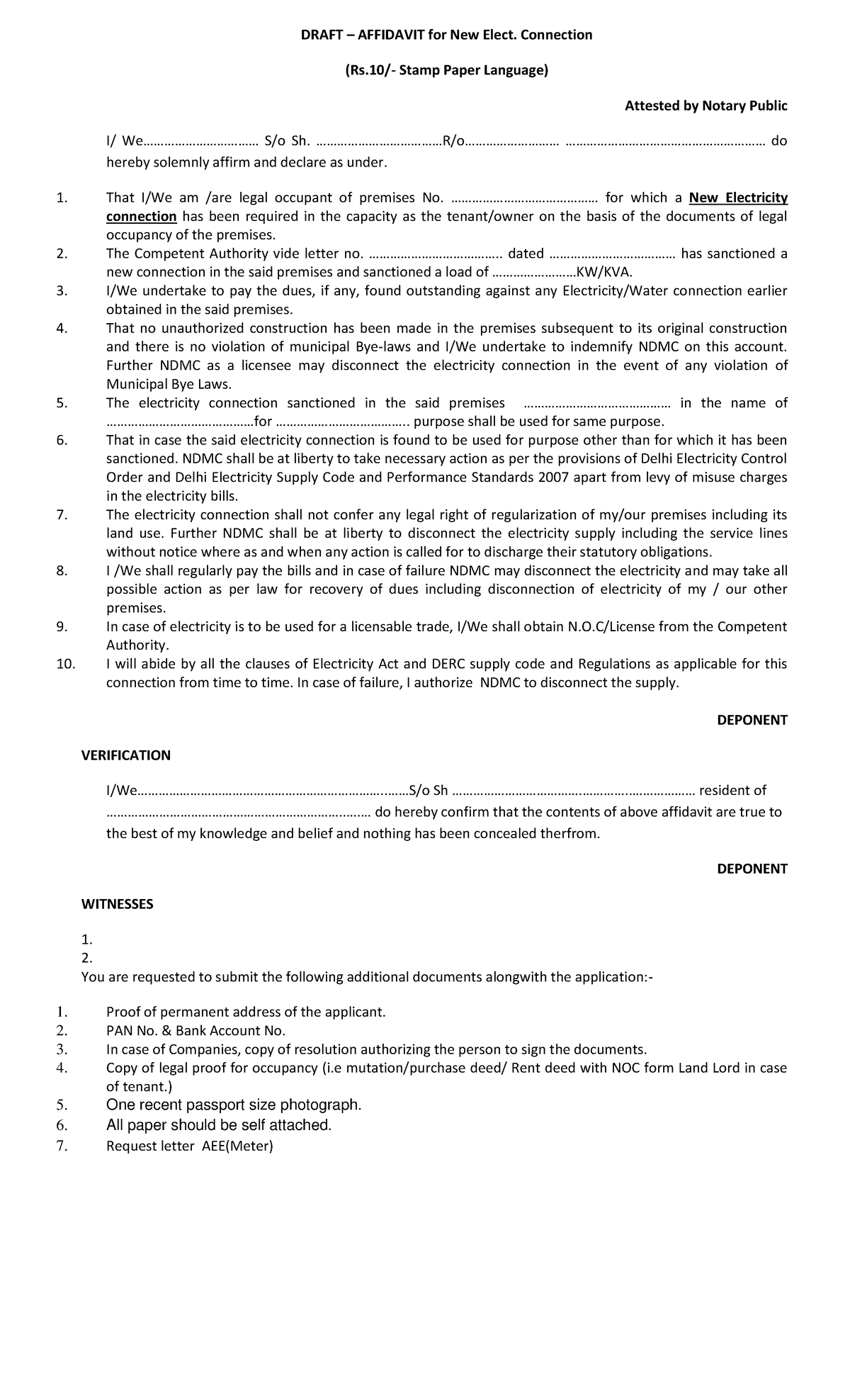 Draft Affidavit Part1 DRAFT AFFIDAVIT for New Elect. Connection (Rs