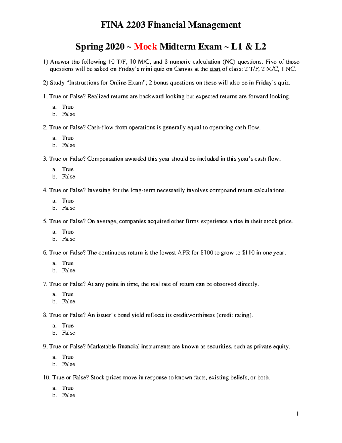 Mock Midterm Exam - Five of these questions will be asked on Friday’s ...