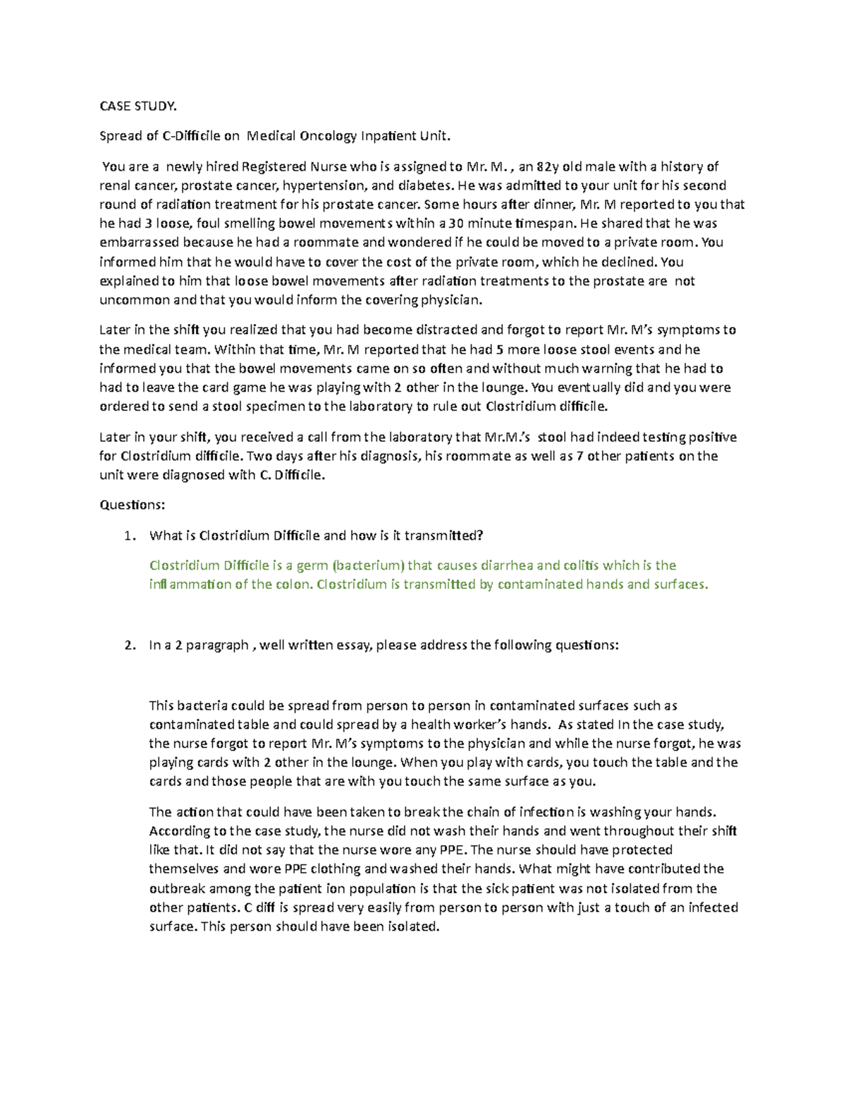1CDiff CASE Study Oncology Inpatient Unit CASE STUDY. Spread of C