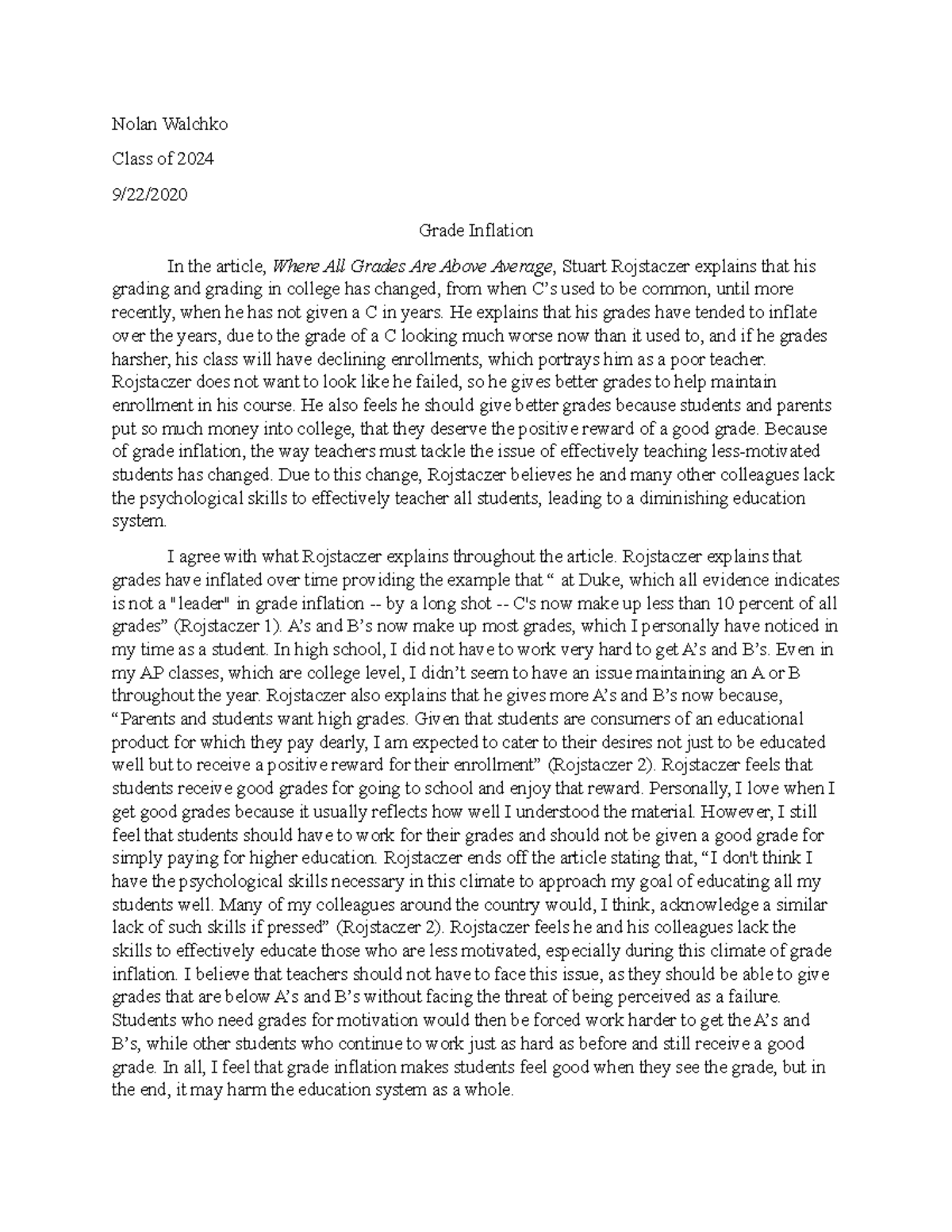 Grade Inflation Writing Assignment - Nolan Walchko Class Of 2024 9/22 ...