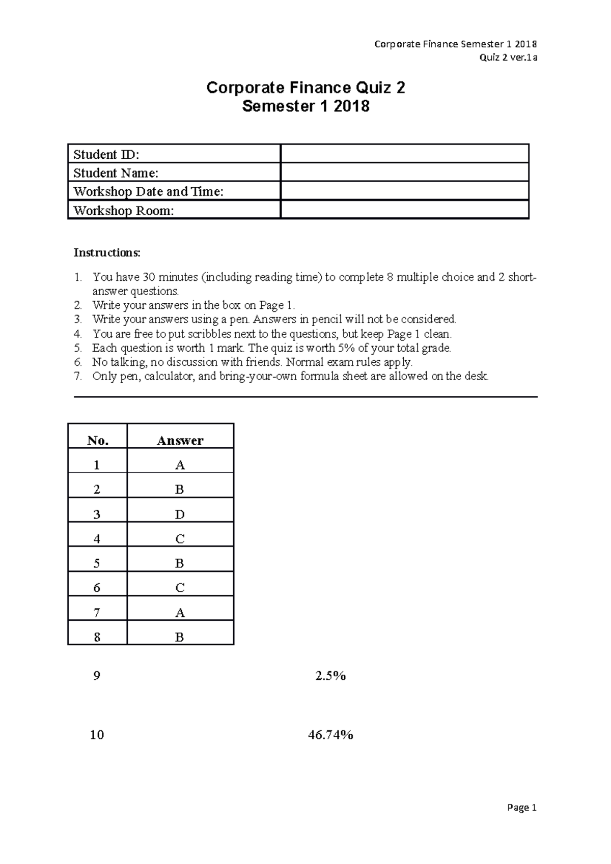 [2018] Class Quiz 2: Version 1 - Quiz 2 ver Corporate Finance Quiz 2 ...