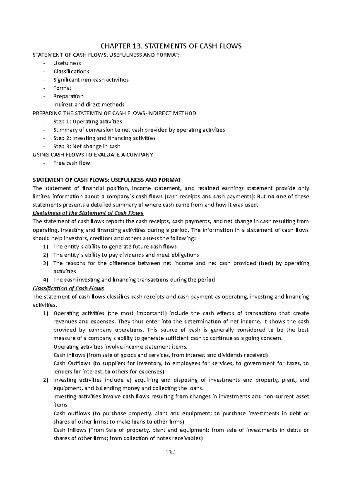 13 Statement Of Cash Flows Chapter 13 Statements Of Cash Flows