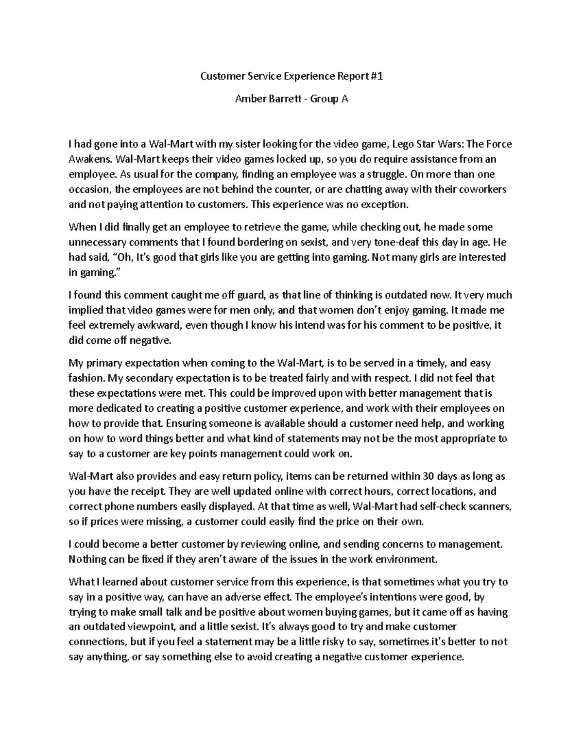 Amber Barrett Customer Experience Report 1 - TSAL 215 - SAIT ...