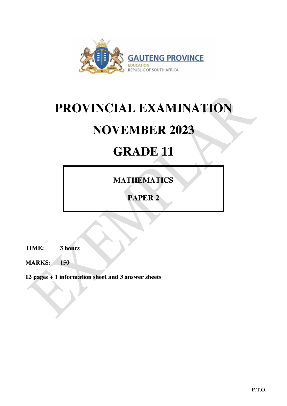 2023 GP Grade 11 Maths P2 Nov QP - PROVINCIAL EXAMINATION NOVEMBER 2023 ...