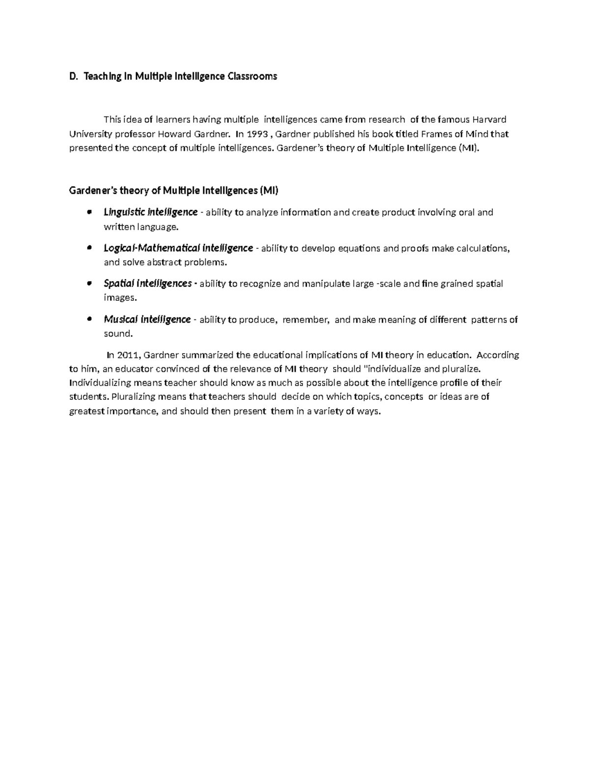 Teaching in Multiple Intelligence - D. Teaching in Multiple ...