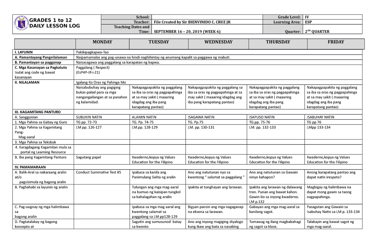 DLL ESP 4 Q2 W6 - Educational Notes And Terms. - GRADES 1 To 12 DAILY ...