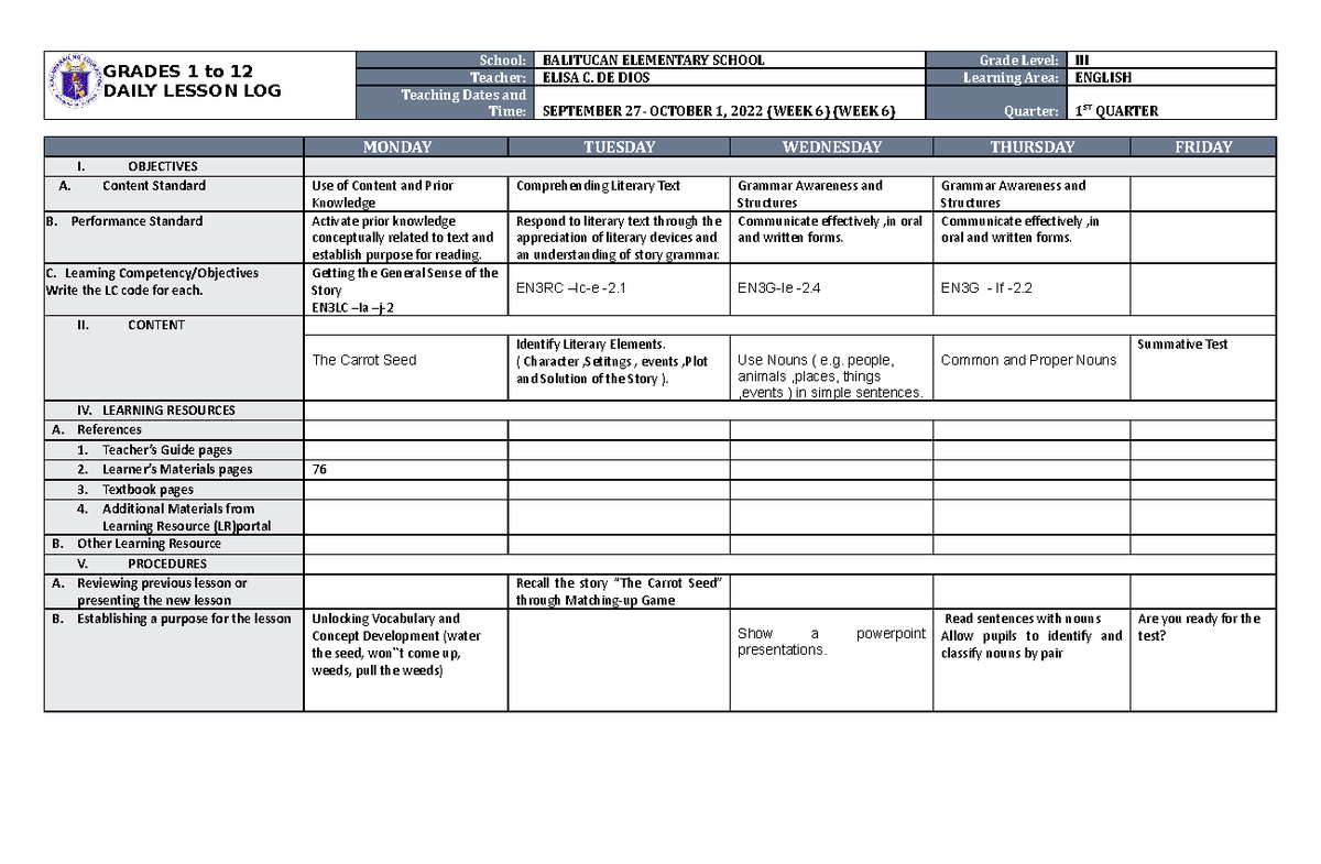 Dll Quarter 1 Week 6 English 3 - Grades 1 To 12 Daily Lesson Log School 