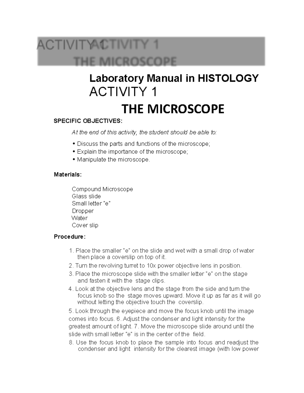 Histology Manual Laboratory Manual in HISTOLOGY ACTIVITY 1 THE