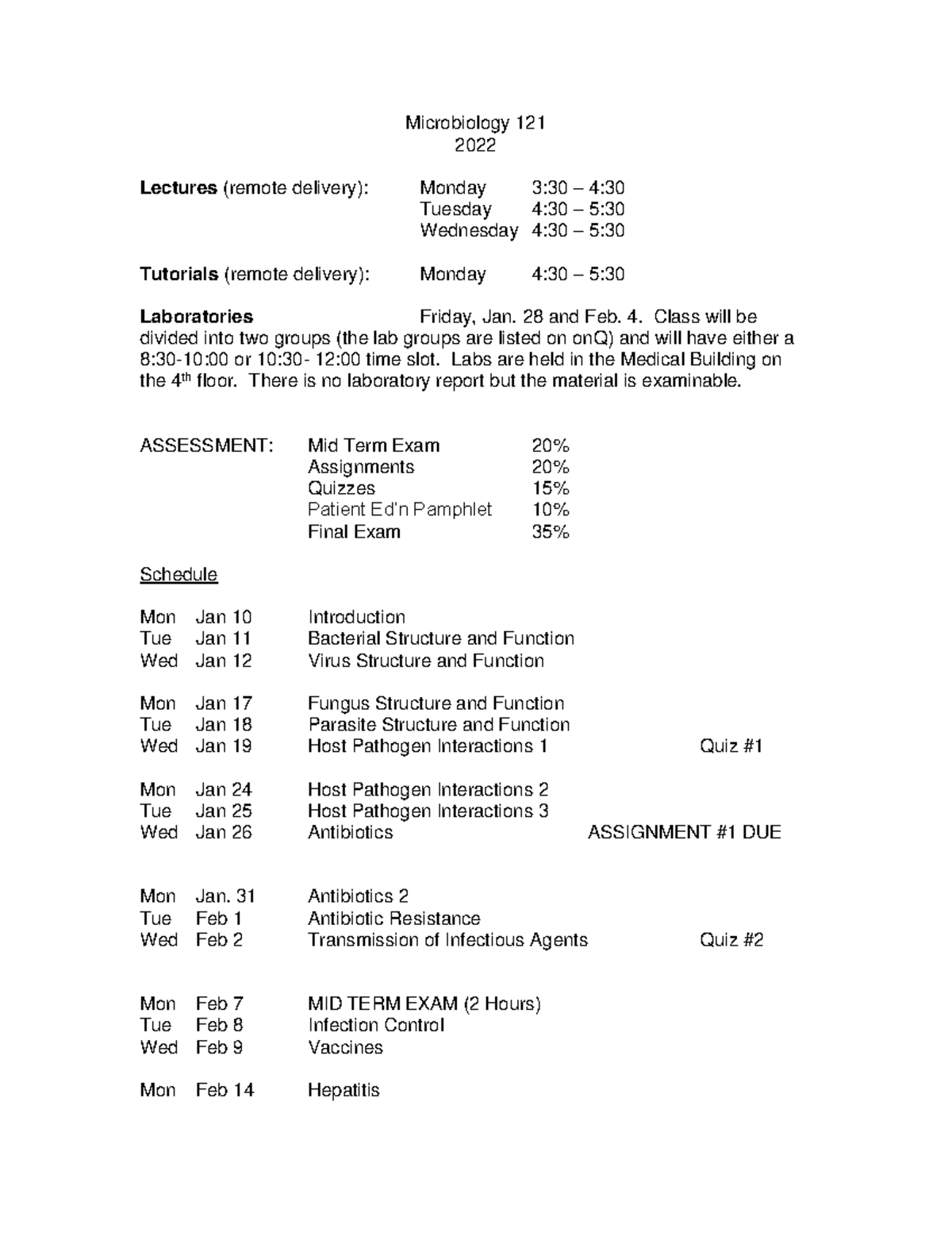 MICR 121 Course Syllabus 2022 - Microbiology 121 2022 Lectures (remote ...