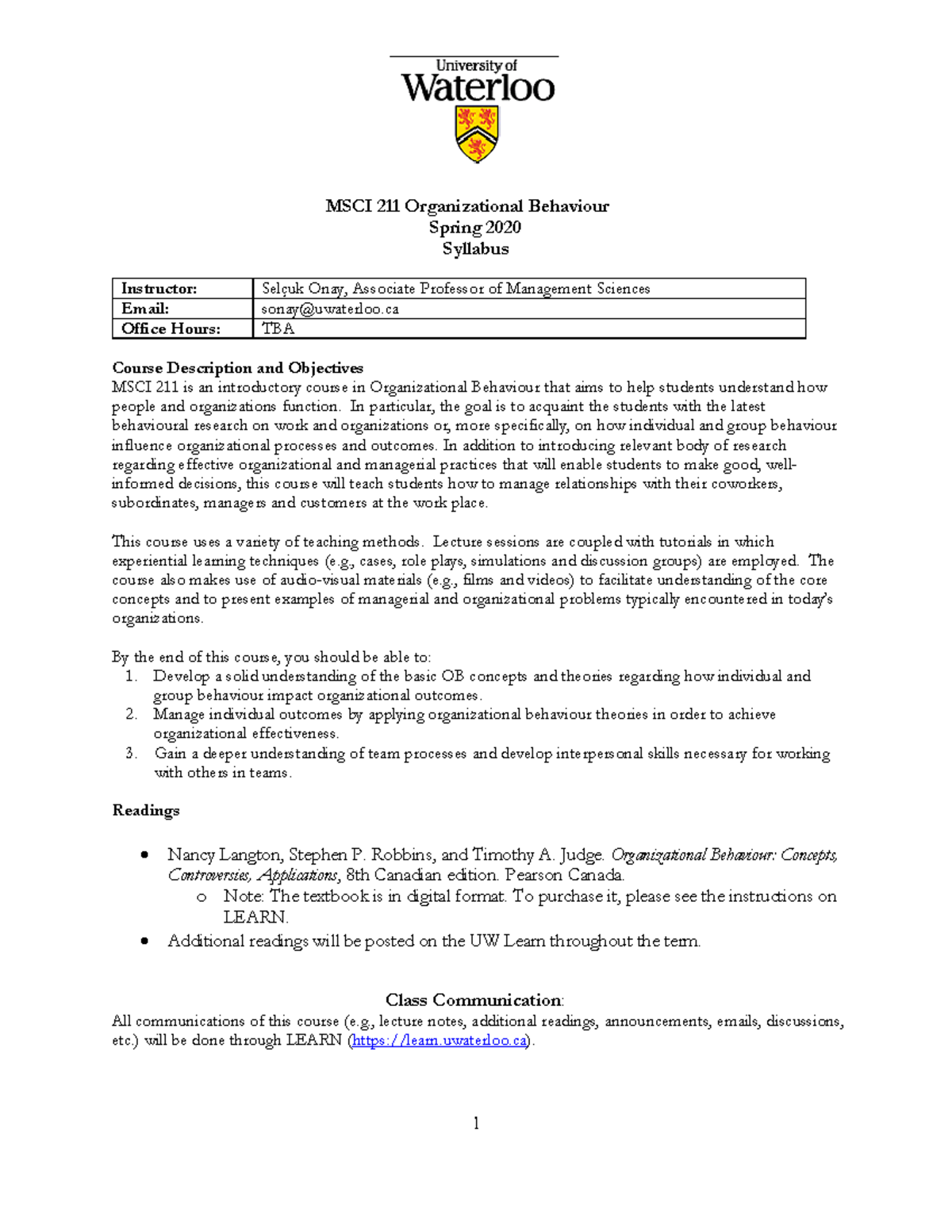 MSci211 Syllabus-Spring 2020 V2 - 1 MSCI 2 11 Organizational Behaviour ...