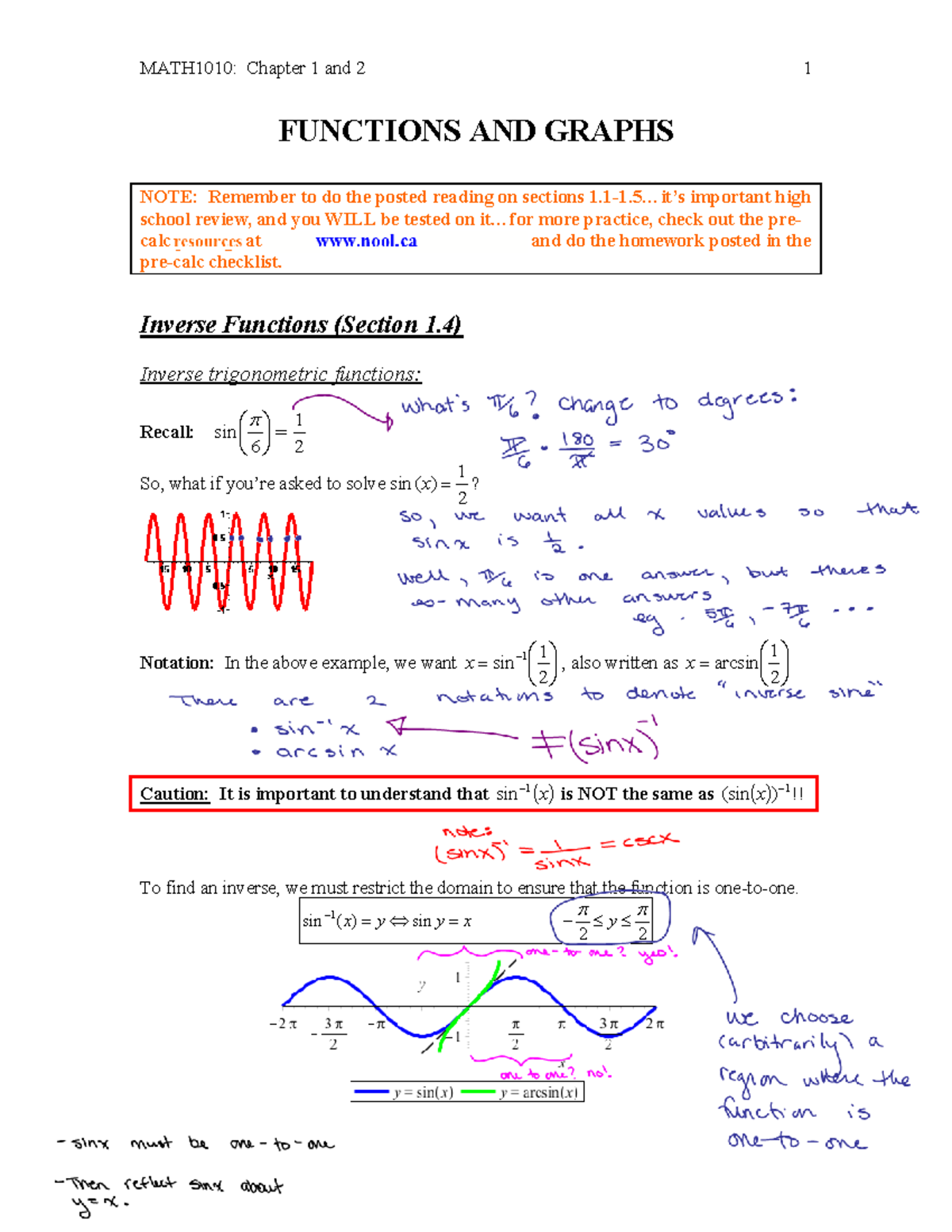 Mod1b invtriglimits complete-1 - FUNCTIONS AND GRAPHS NOTE: Remember to ...