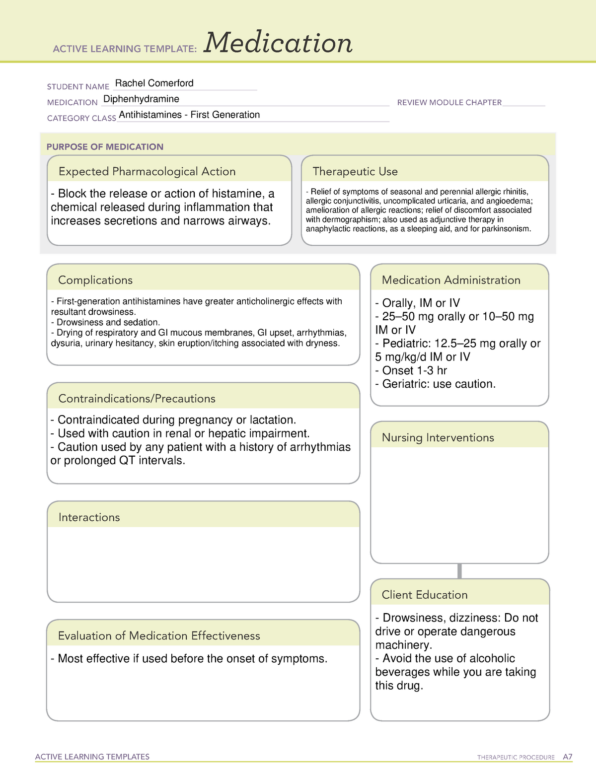 Diphenhydramine Notes ACTIVE LEARNING TEMPLATES THERAPEUTIC