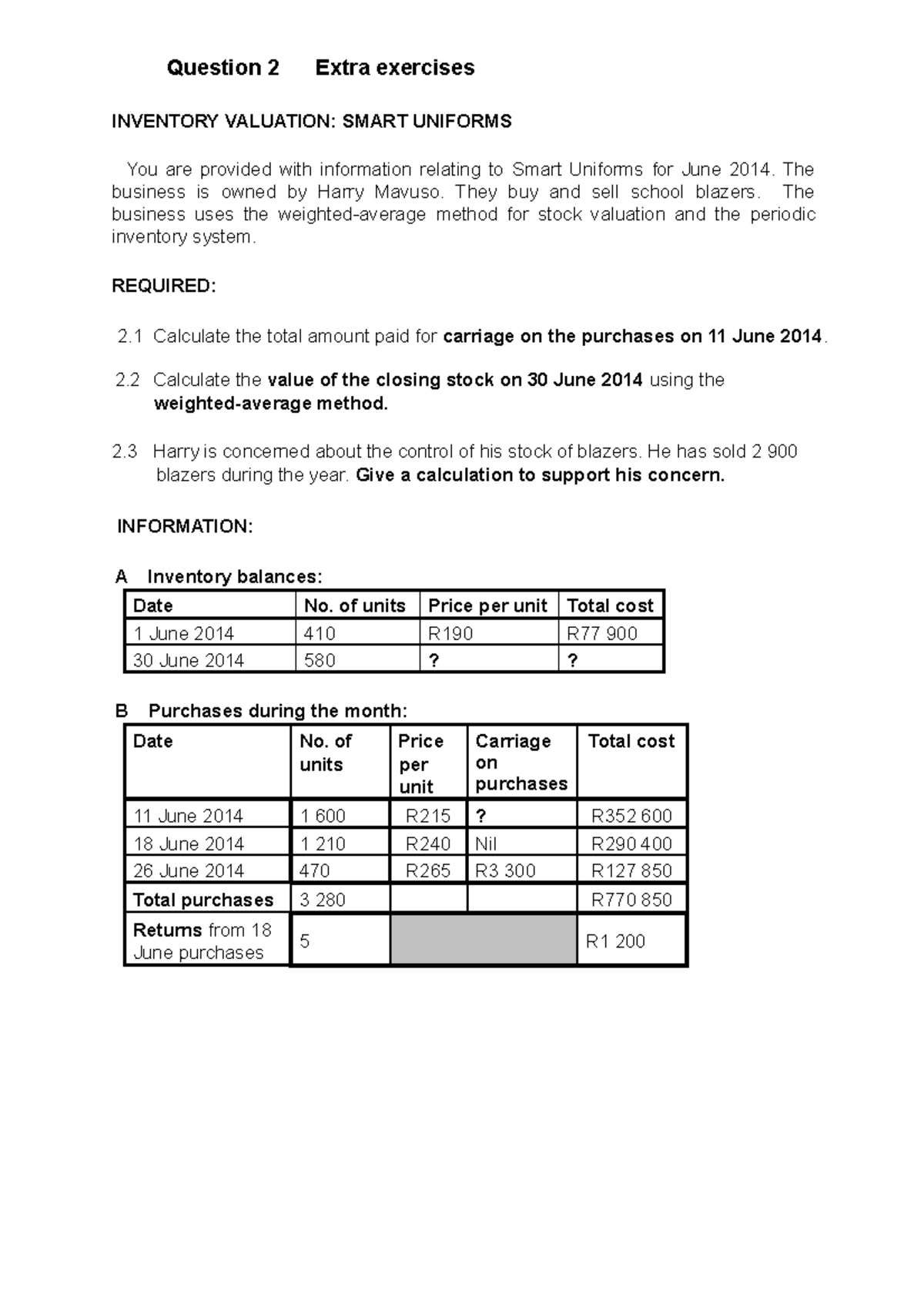 Inventories Q2 + solution - Question 2 Extra exercises INVENTORY ...