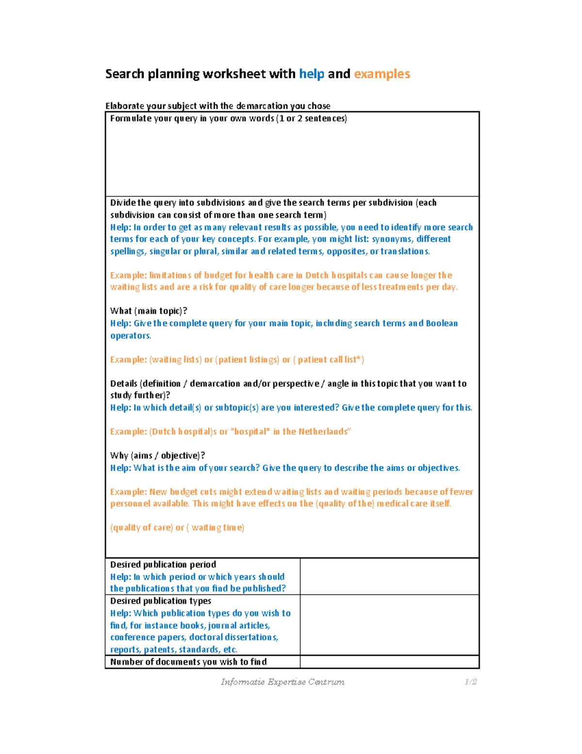Search Planning Worksheet With Help - Informatie Expertise Centrum 1 / ...