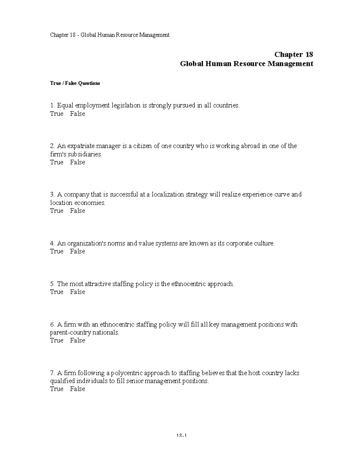 Chap018 - AAA - Chapter 18 Global Human Resource Management True ...