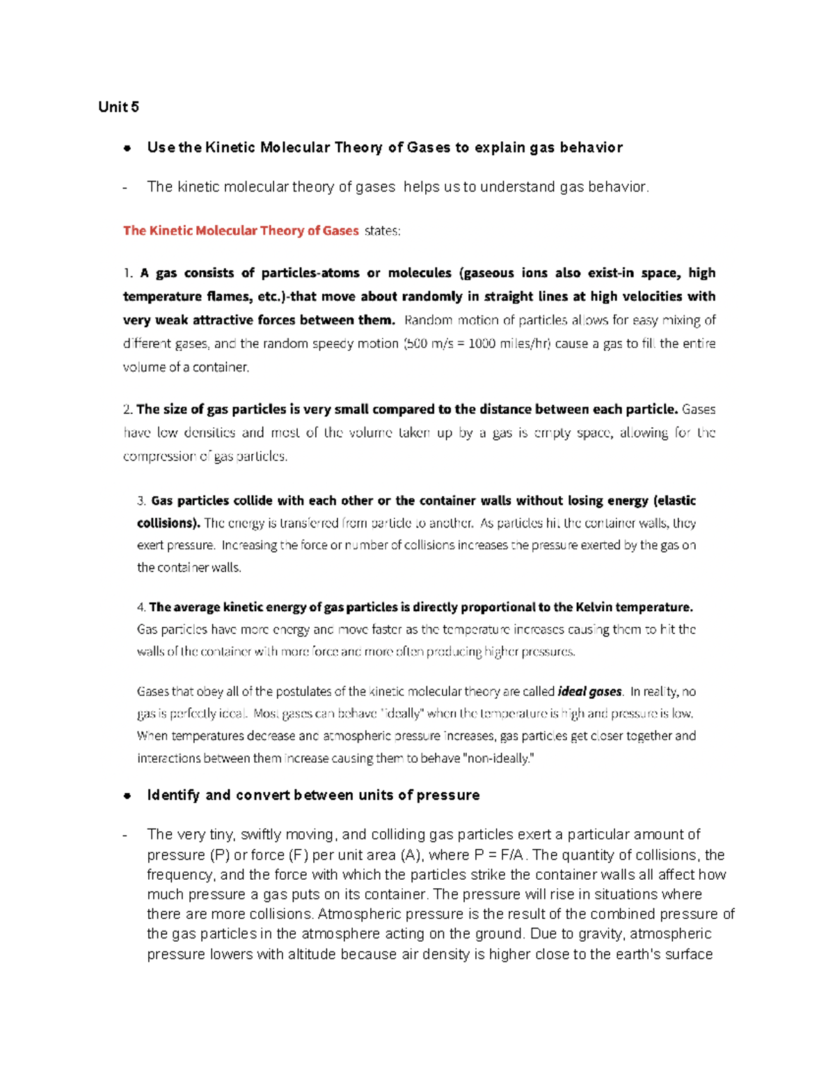 Unit 5 Chem 100 Summary - Unit 5 - Unit 5 Use The Kinetic Molecular ...