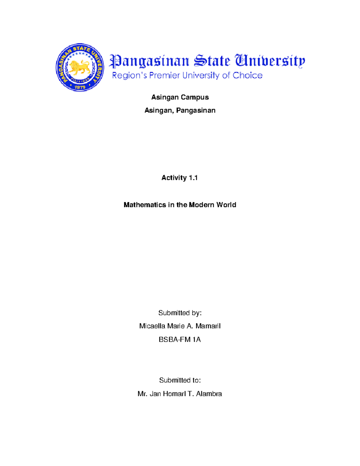 Mamaril MMW - Sample only - Asingan Campus Asingan, Pangasinan Activity ...
