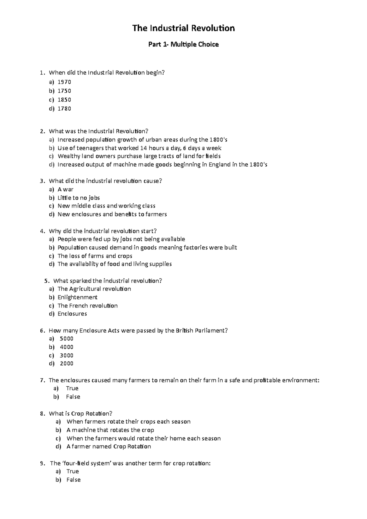 The Industrial Revolution exam for Year 9 and 10 students The