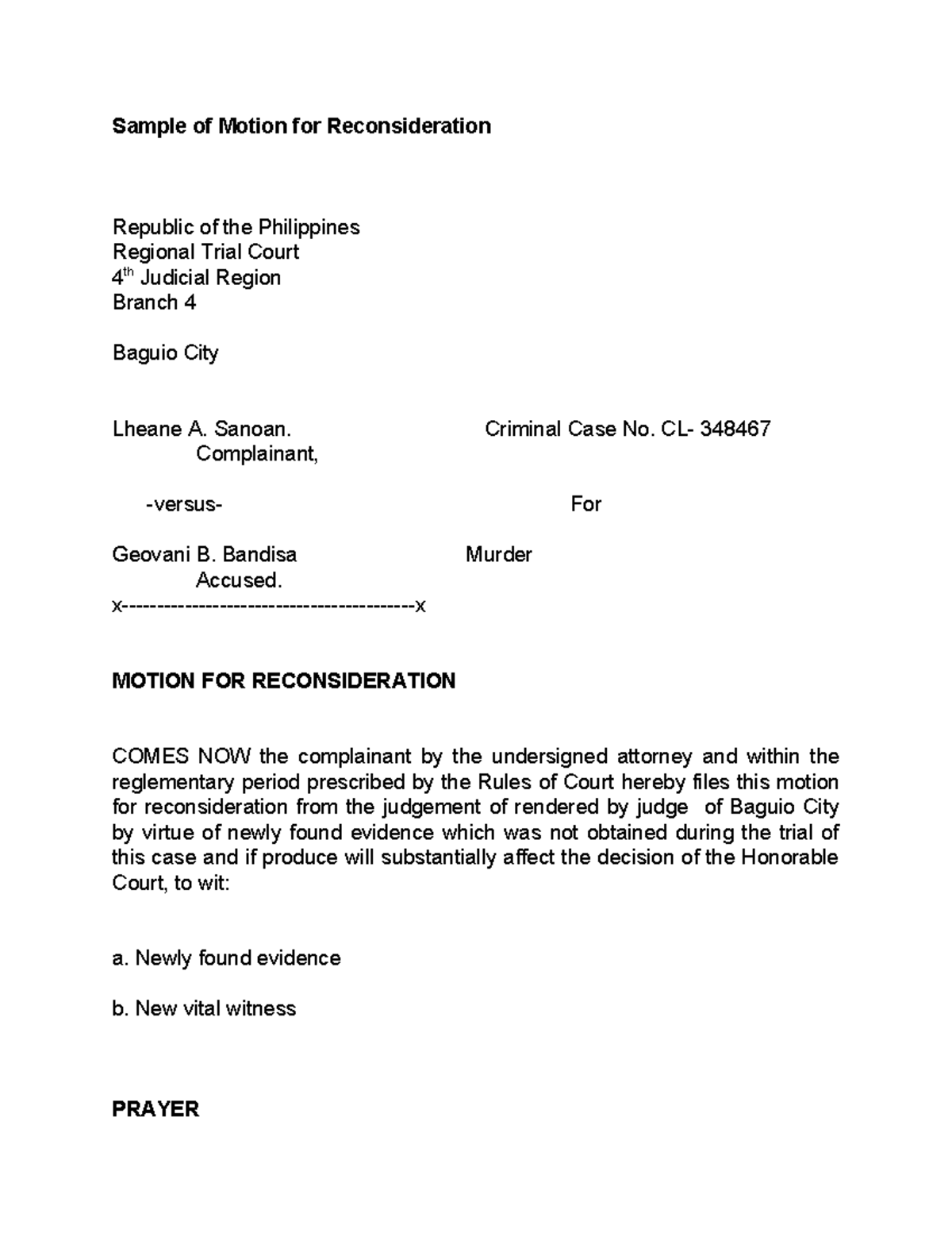 Motion for reconsideration - Sample of Motion for Reconsideration ...