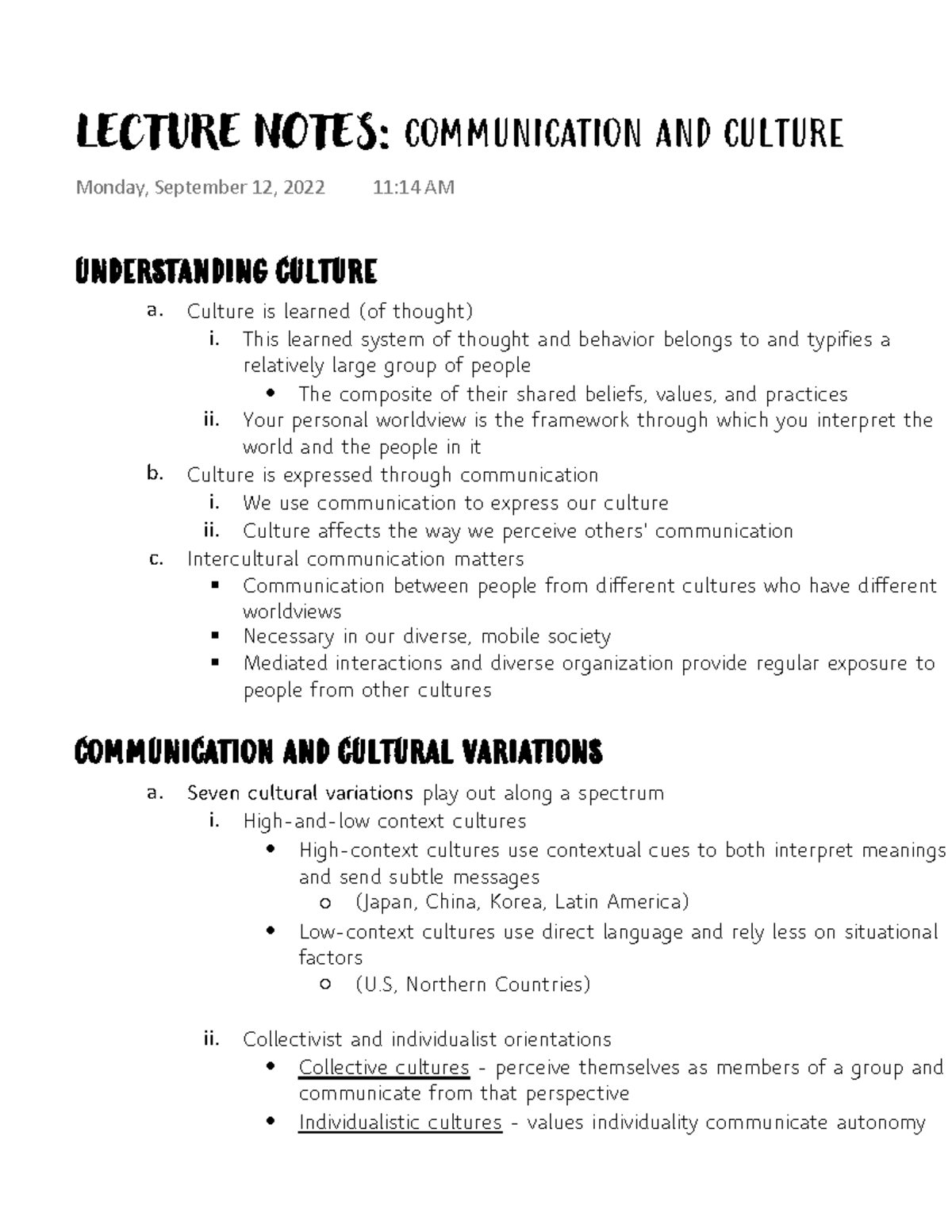 Lecture Notes Communication And Culture - UNDERSTANDING CULTURE Culture ...